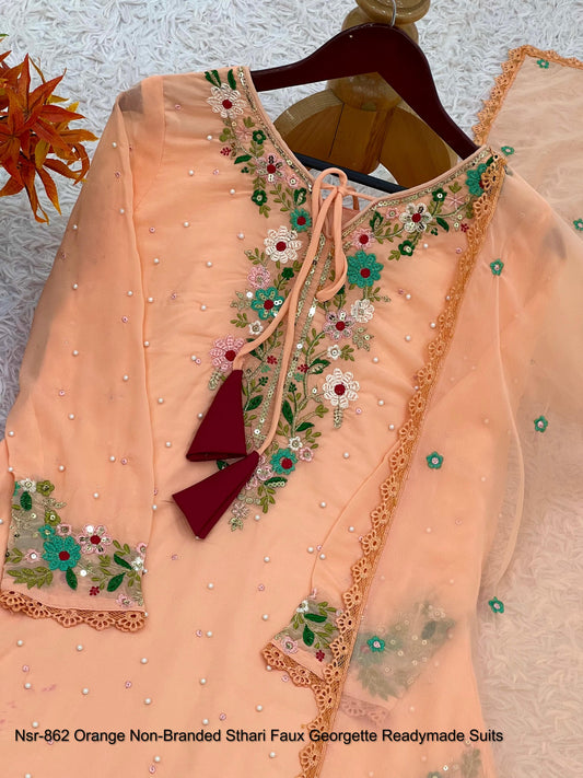 Nsr-862 Orange Non-Branded Sthari Faux Georgette Readymade Suits