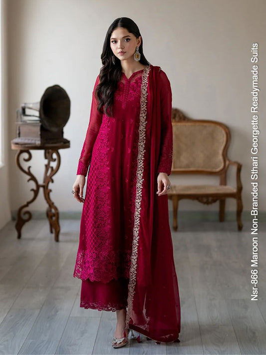 Nsr-866 Maroon Non-Branded Sthari Georgette Readymade Suits