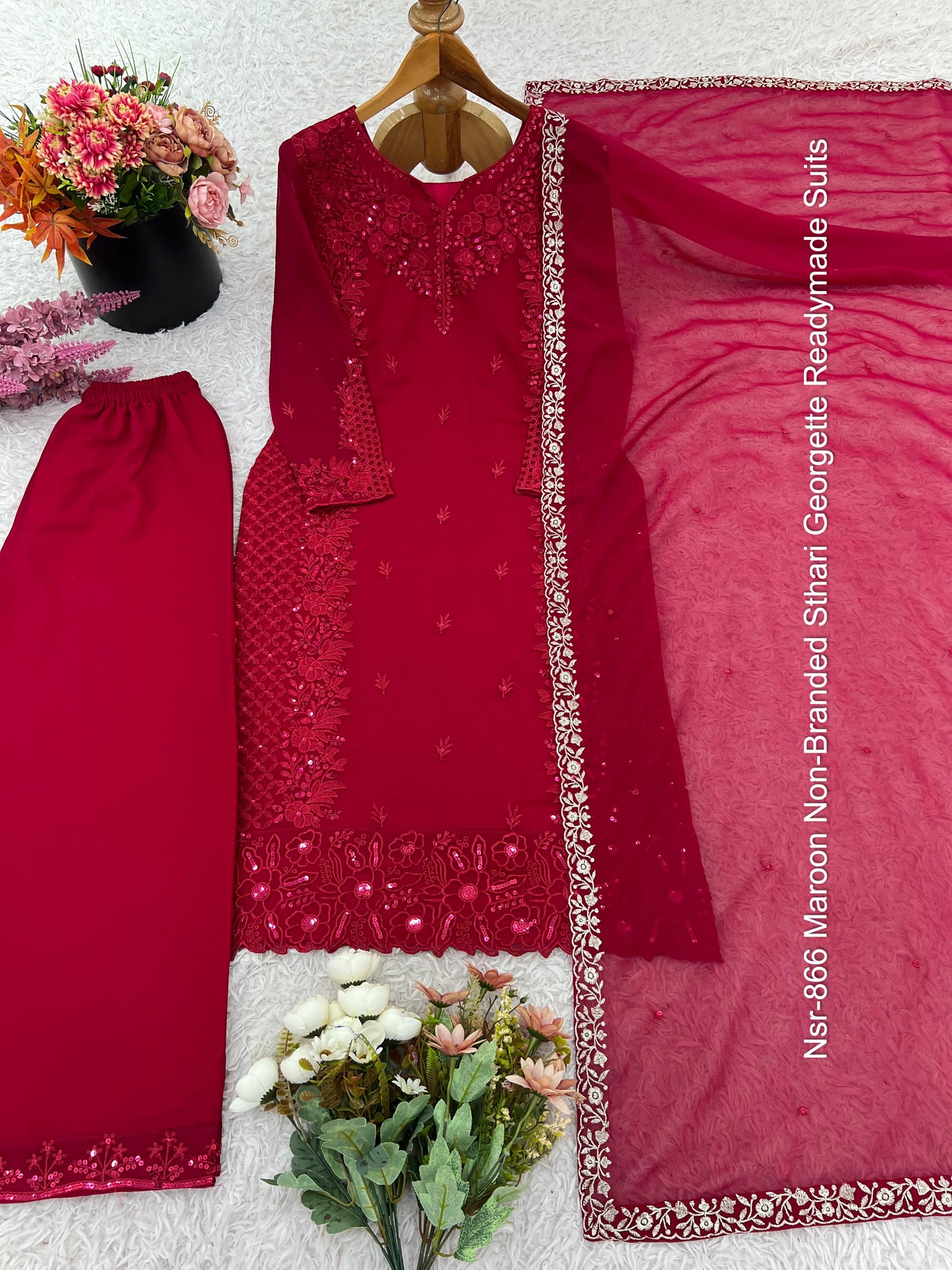 Nsr-866 Maroon Non-Branded Sthari Georgette Readymade Suits