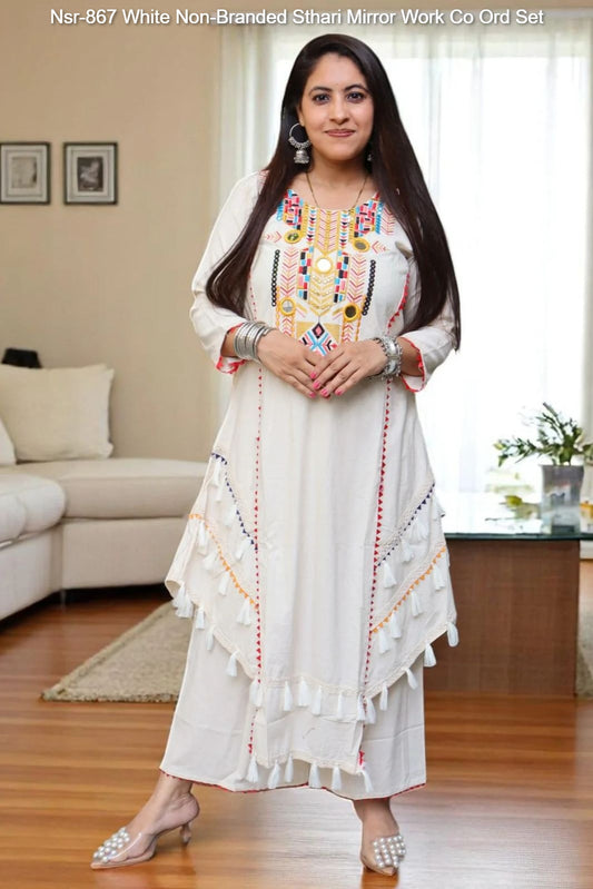 Nsr-867 White Non-Branded Sthari Mirror Work Co Ord Set