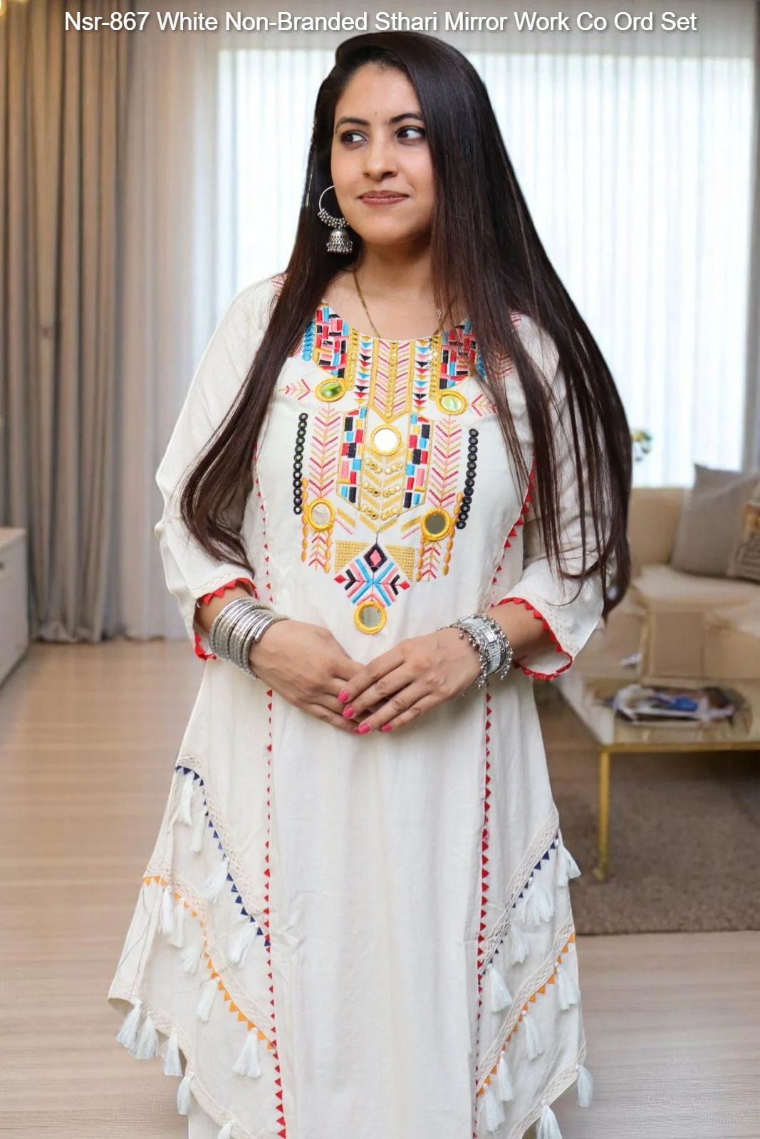 Nsr-867 White Non-Branded Sthari Mirror Work Co Ord Set