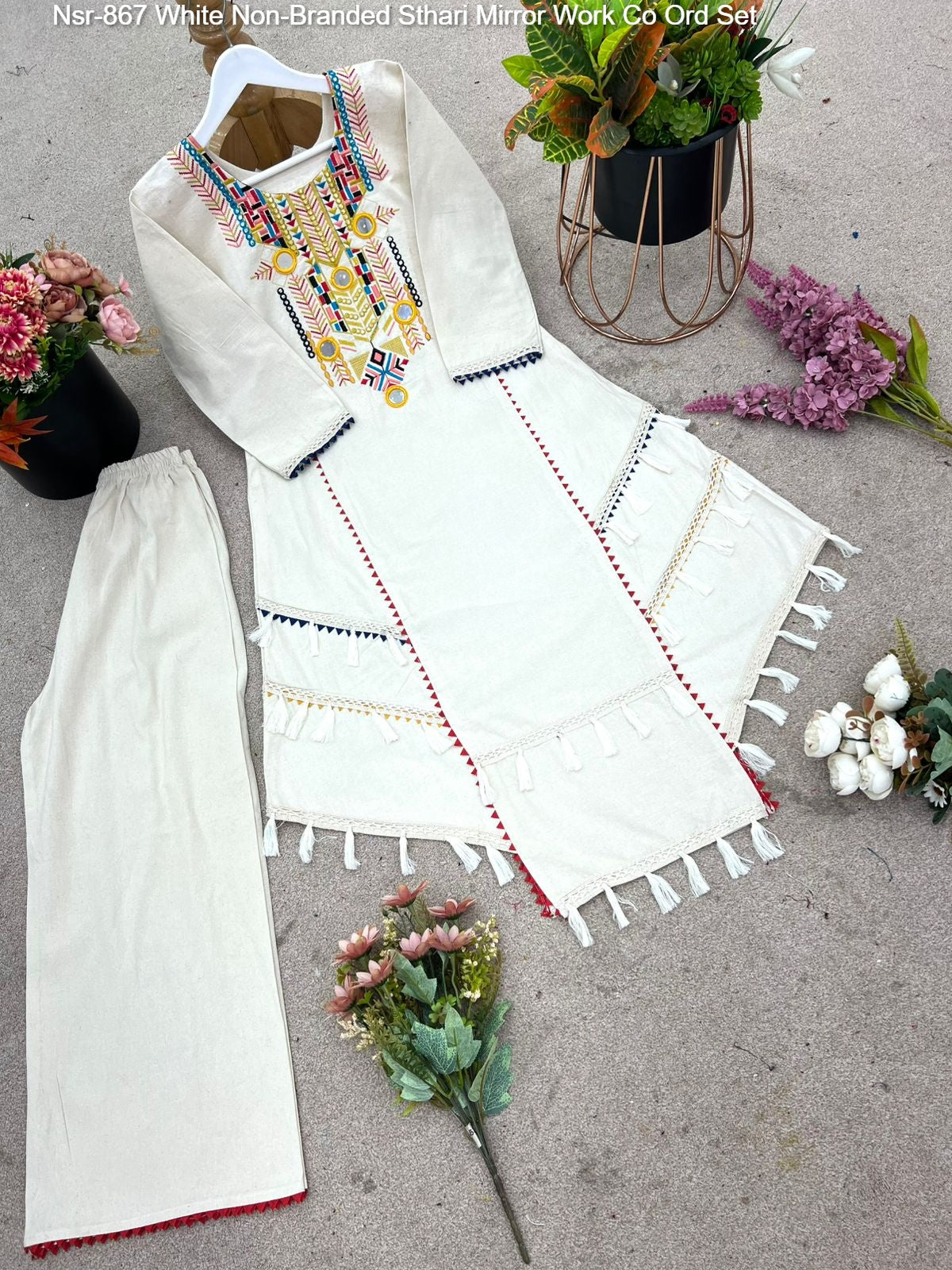 Nsr-867 White Non-Branded Sthari Mirror Work Co Ord Set
