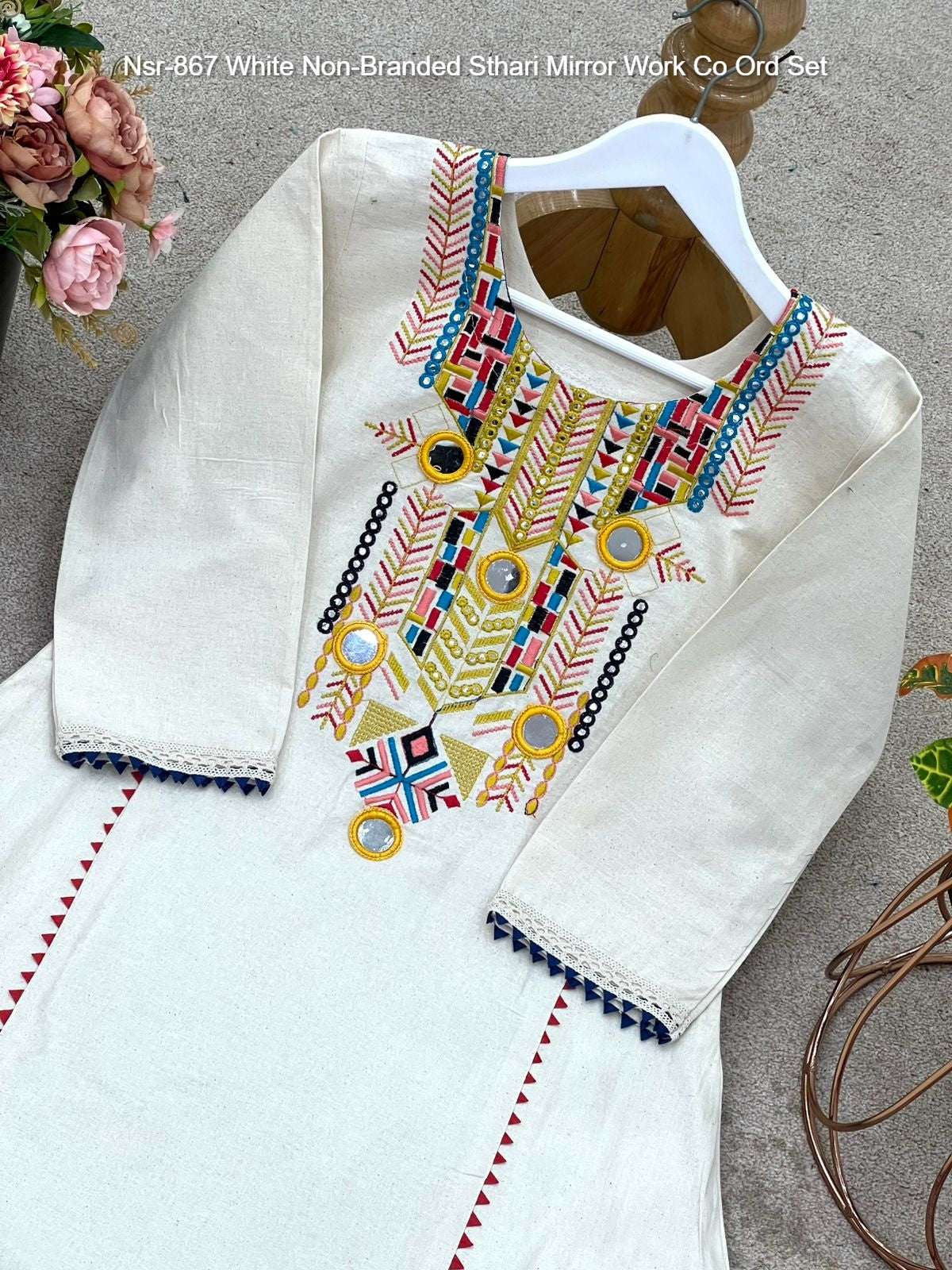 Nsr-867 White Non-Branded Sthari Mirror Work Co Ord Set