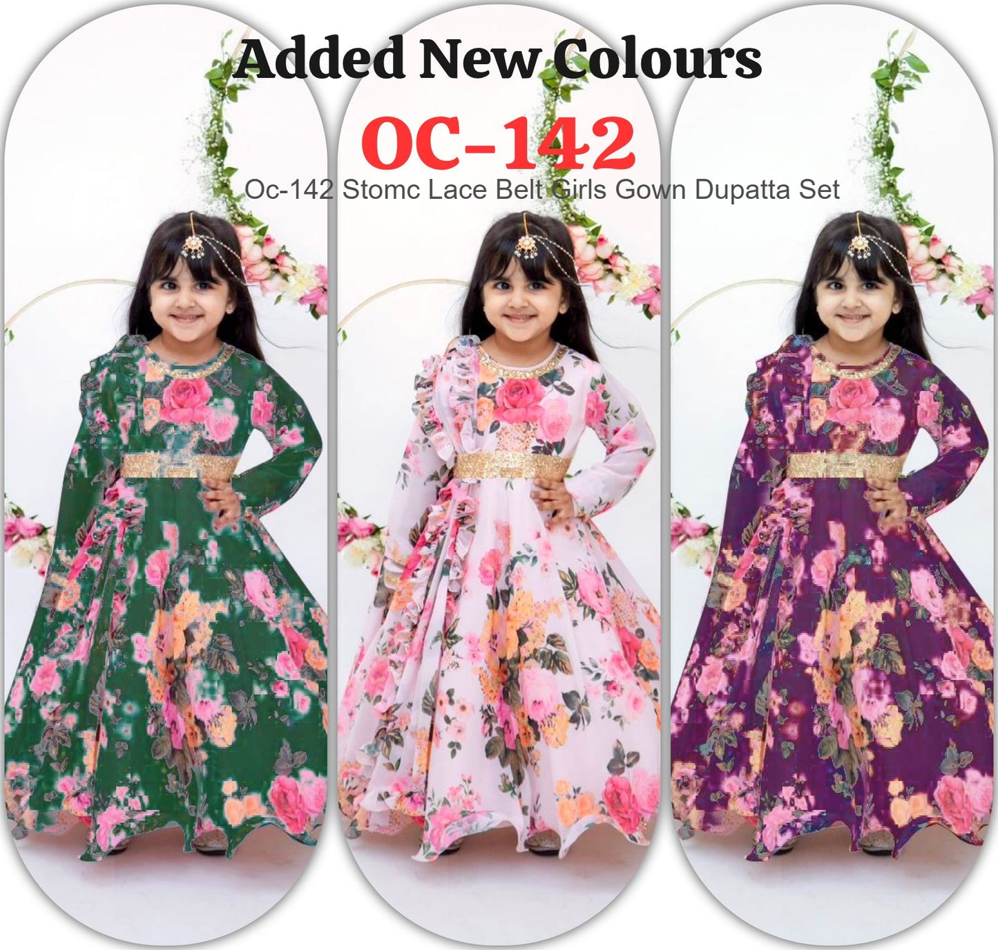 Oc-142 Stomc Lace Belt Girls Gown Dupatta Set