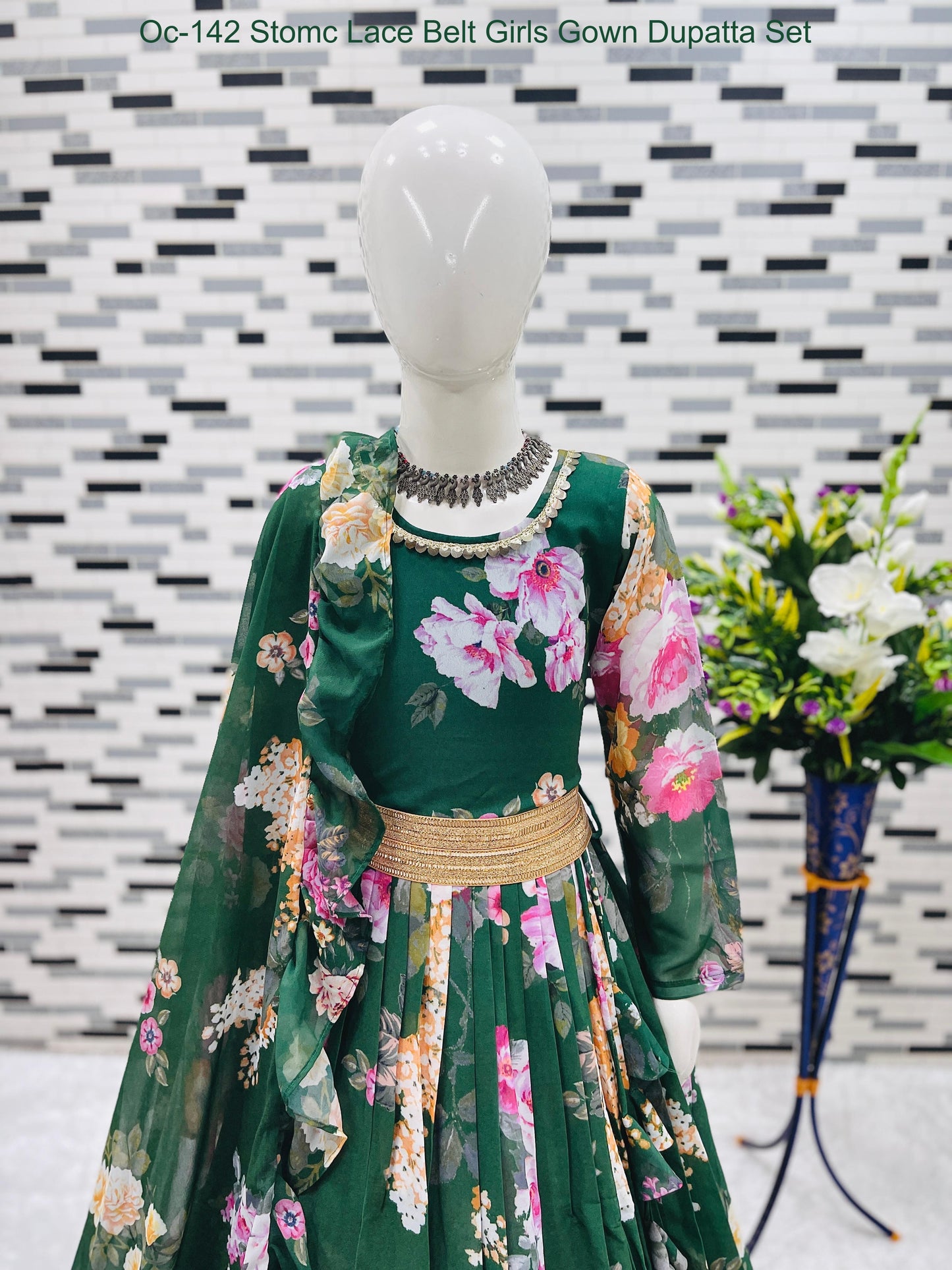 Oc-142 Stomc Lace Belt Girls Gown Dupatta Set