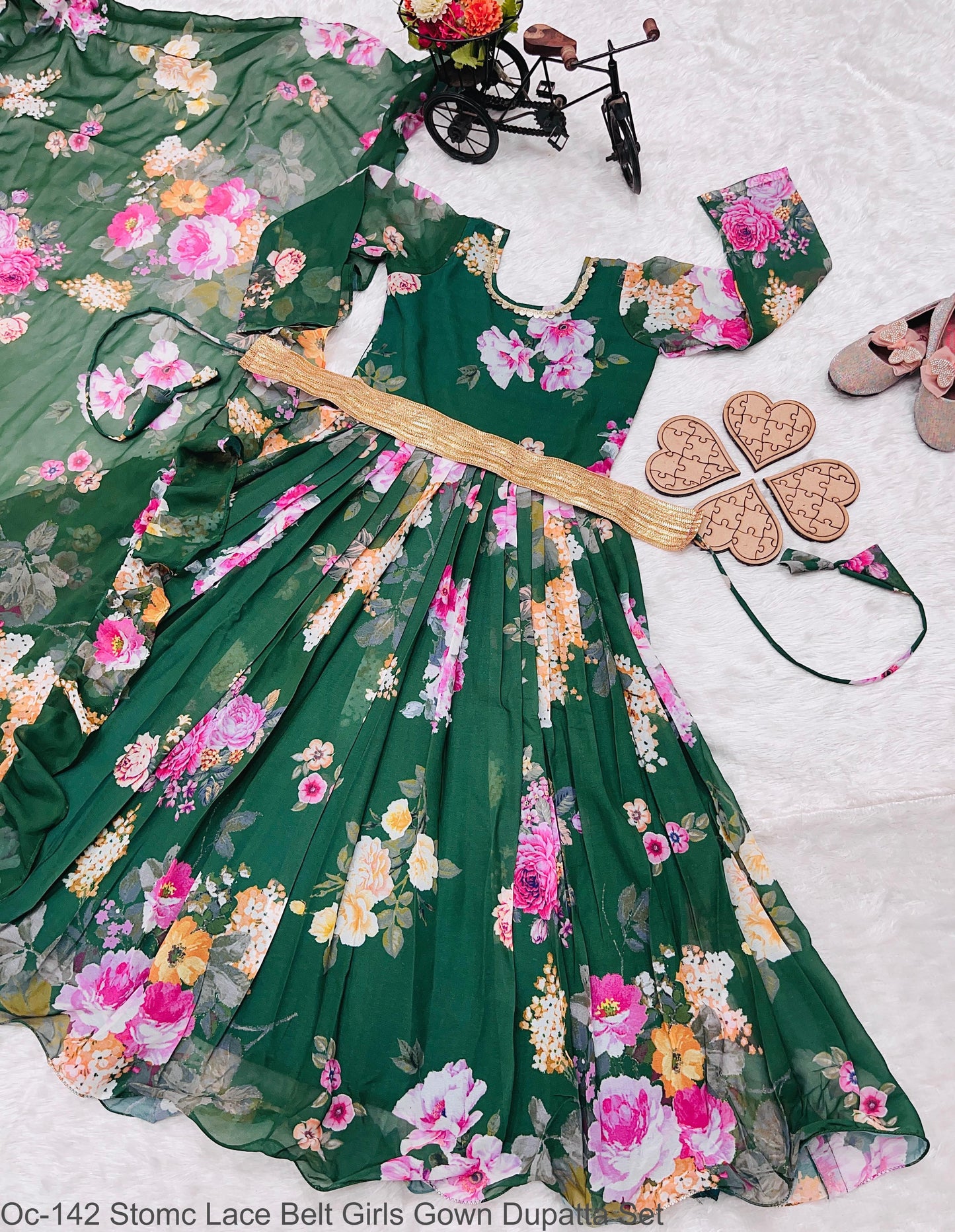 Oc-142 Stomc Lace Belt Girls Gown Dupatta Set