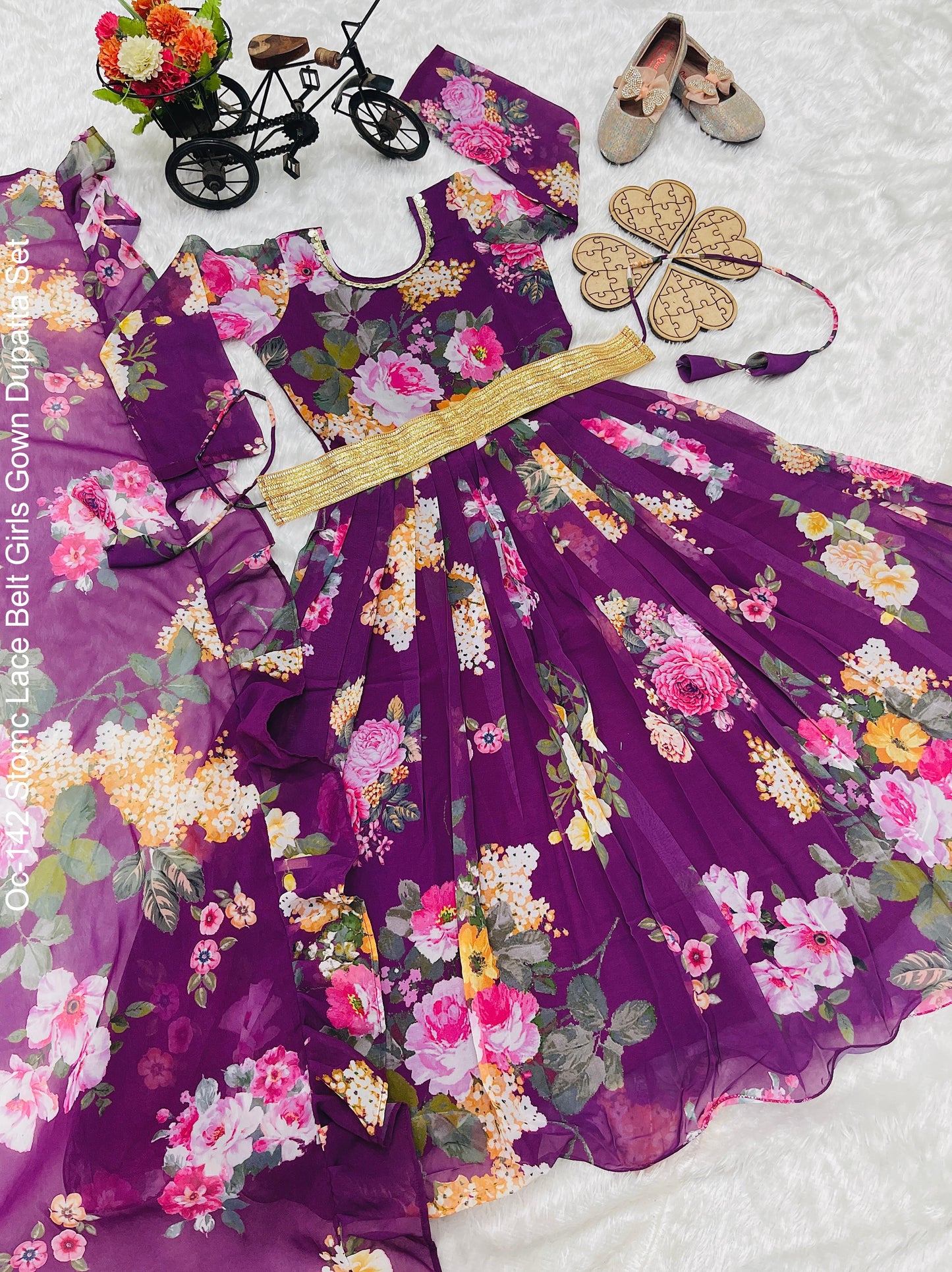 Oc-142 Stomc Lace Belt Girls Gown Dupatta Set