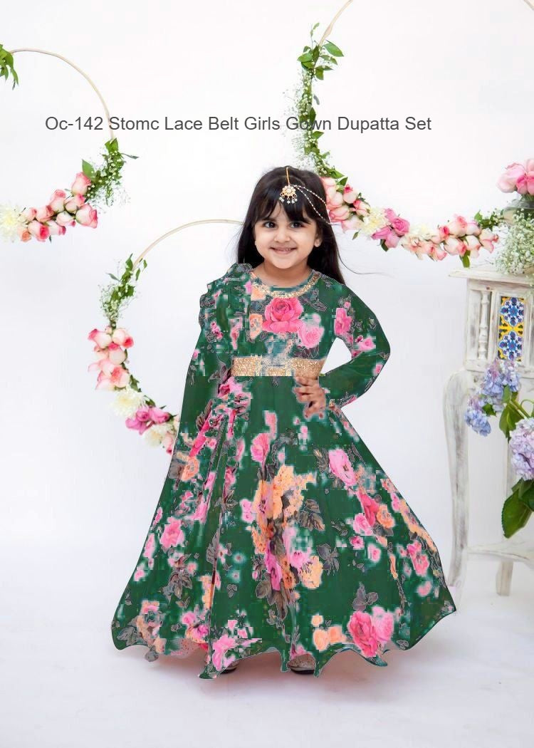 Oc-142 Stomc Lace Belt Girls Gown Dupatta Set