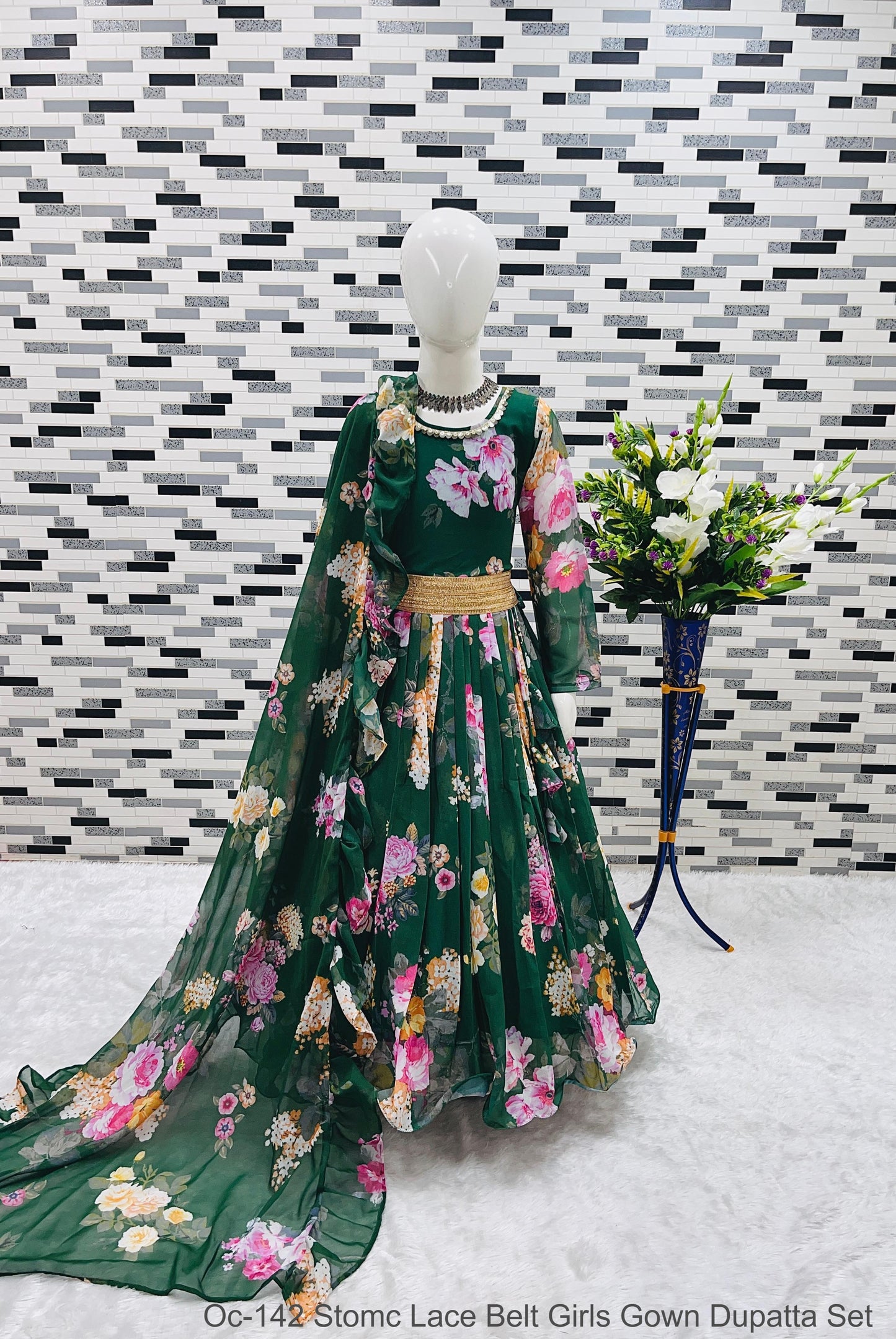 Oc-142 Stomc Lace Belt Girls Gown Dupatta Set