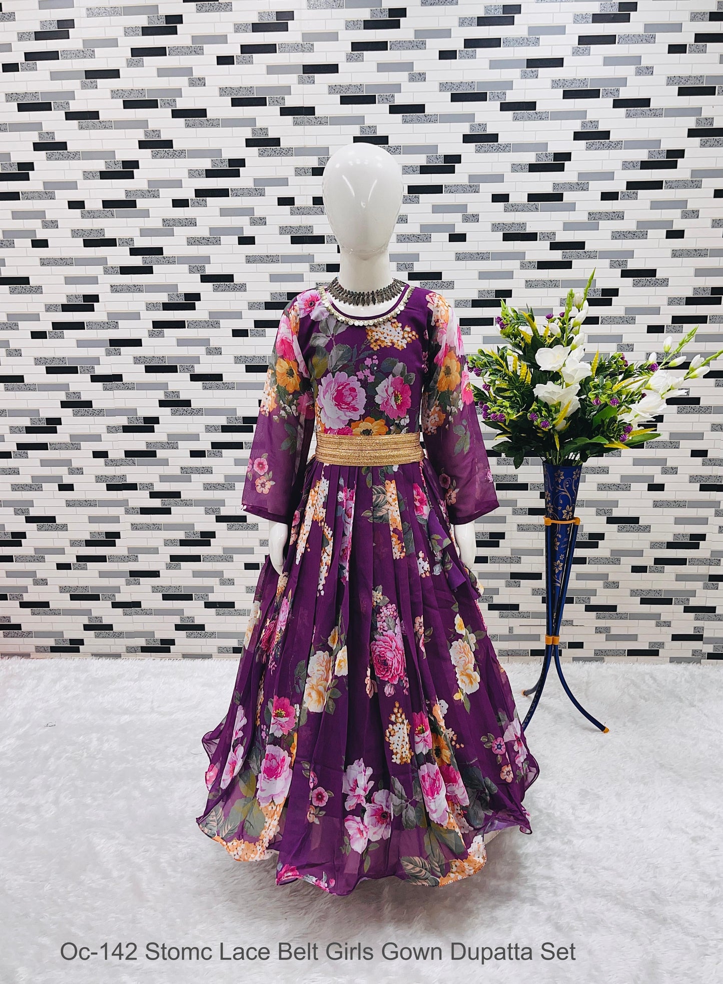 Oc-142 Stomc Lace Belt Girls Gown Dupatta Set