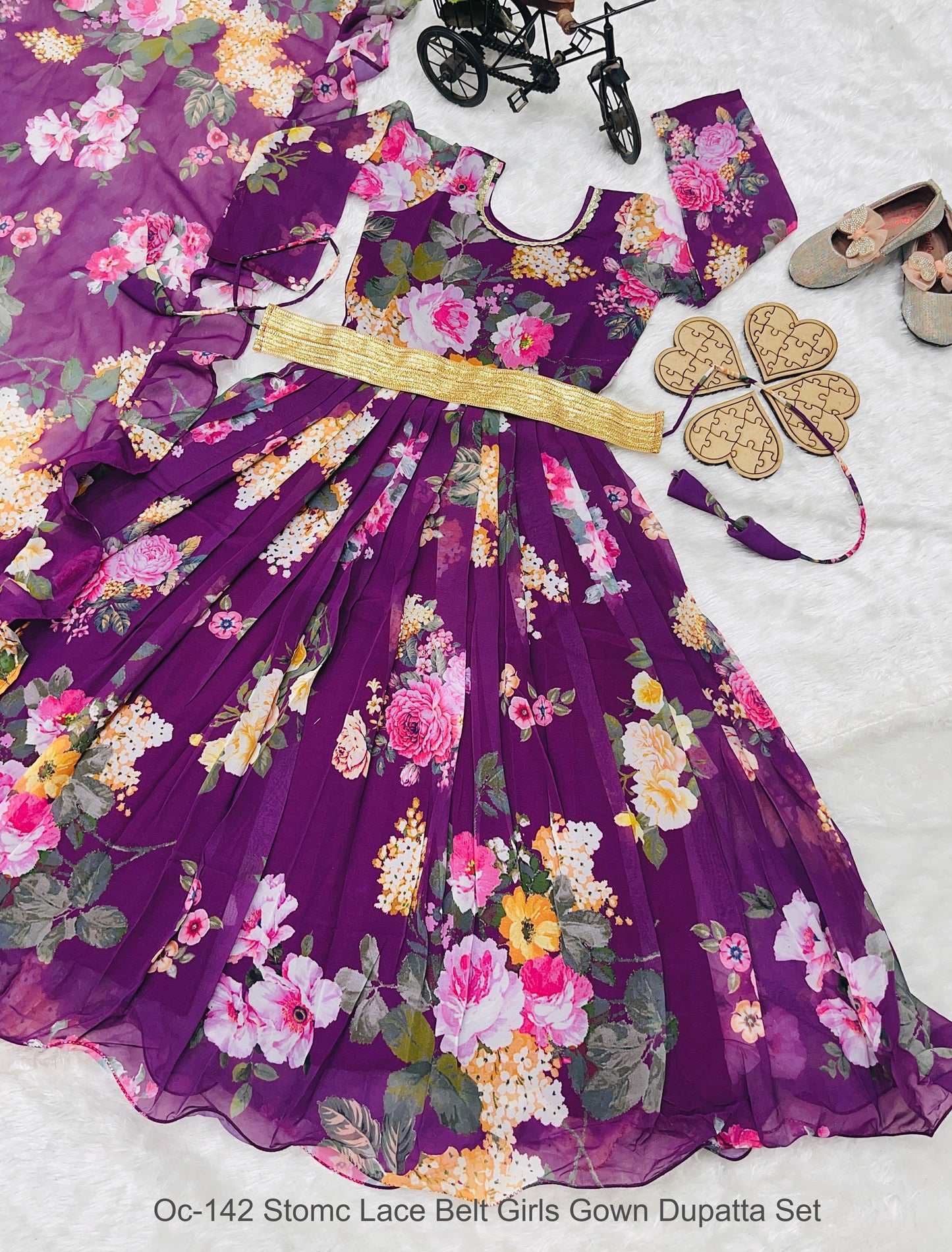 Oc-142 Stomc Lace Belt Girls Gown Dupatta Set