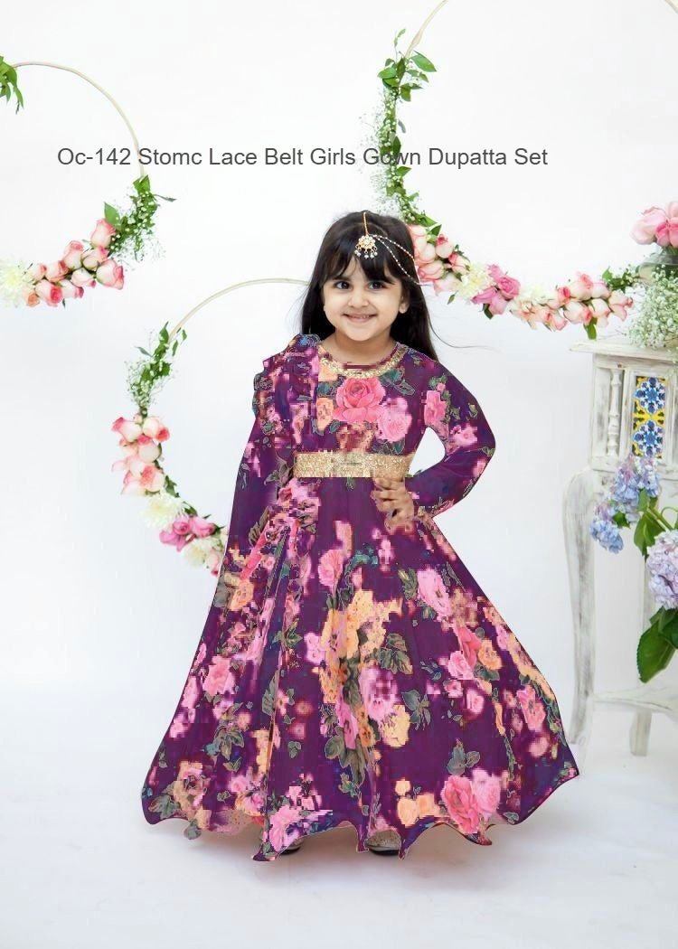 Oc-142 Stomc Lace Belt Girls Gown Dupatta Set