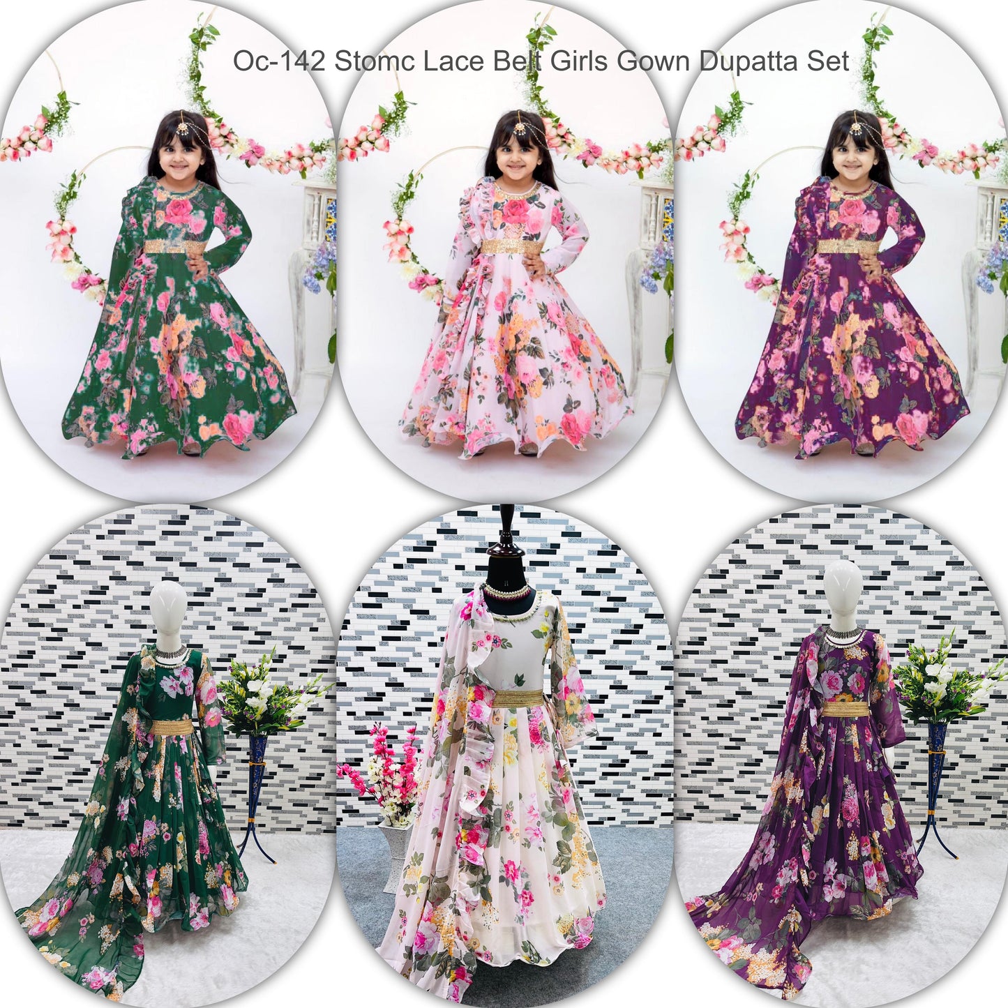 Oc-142 Stomc Lace Belt Girls Gown Dupatta Set