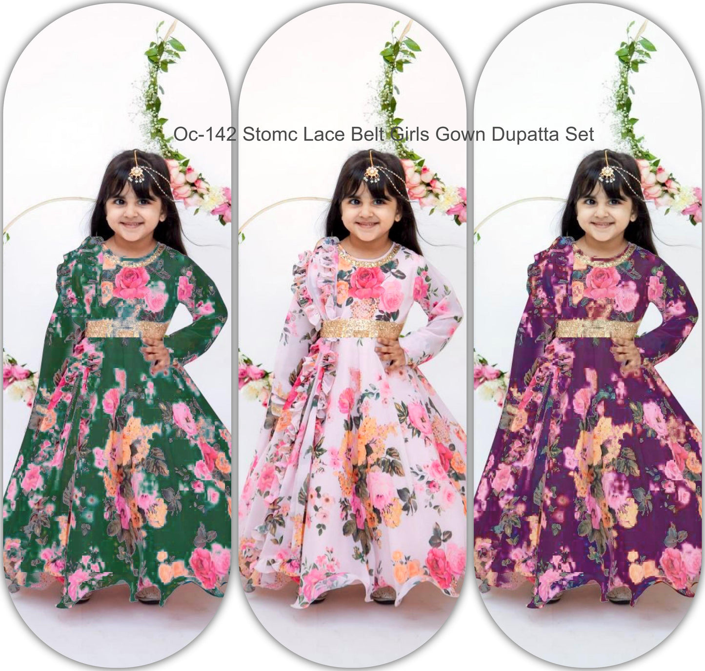 Oc-142 Stomc Lace Belt Girls Gown Dupatta Set