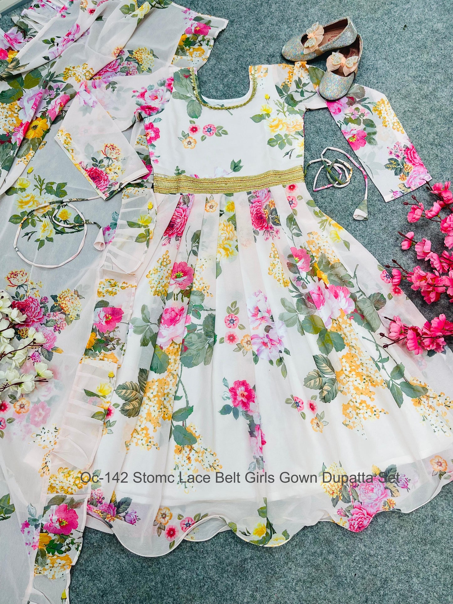 Oc-142 Stomc Lace Belt Girls Gown Dupatta Set