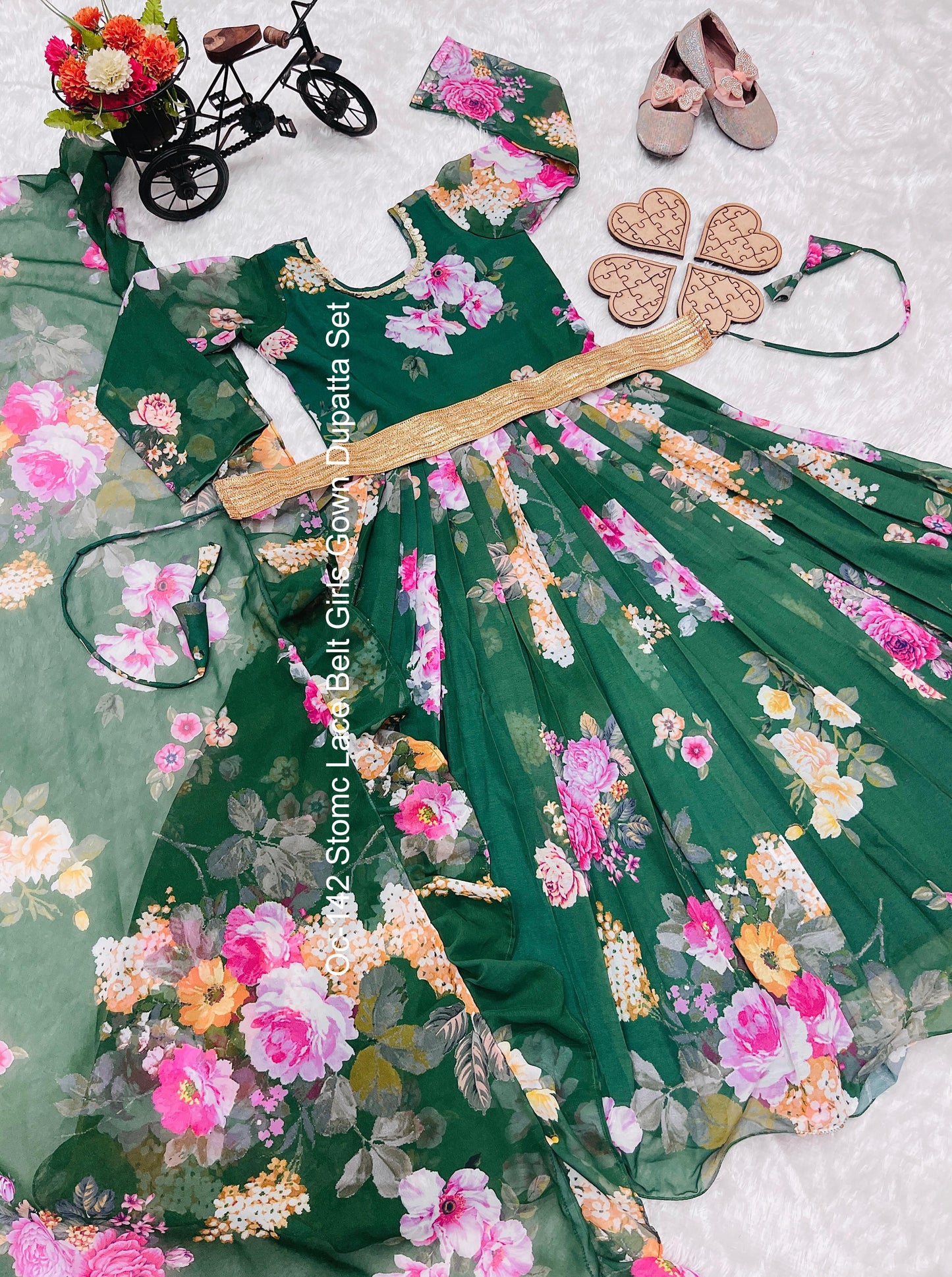 Oc-142 Stomc Lace Belt Girls Gown Dupatta Set