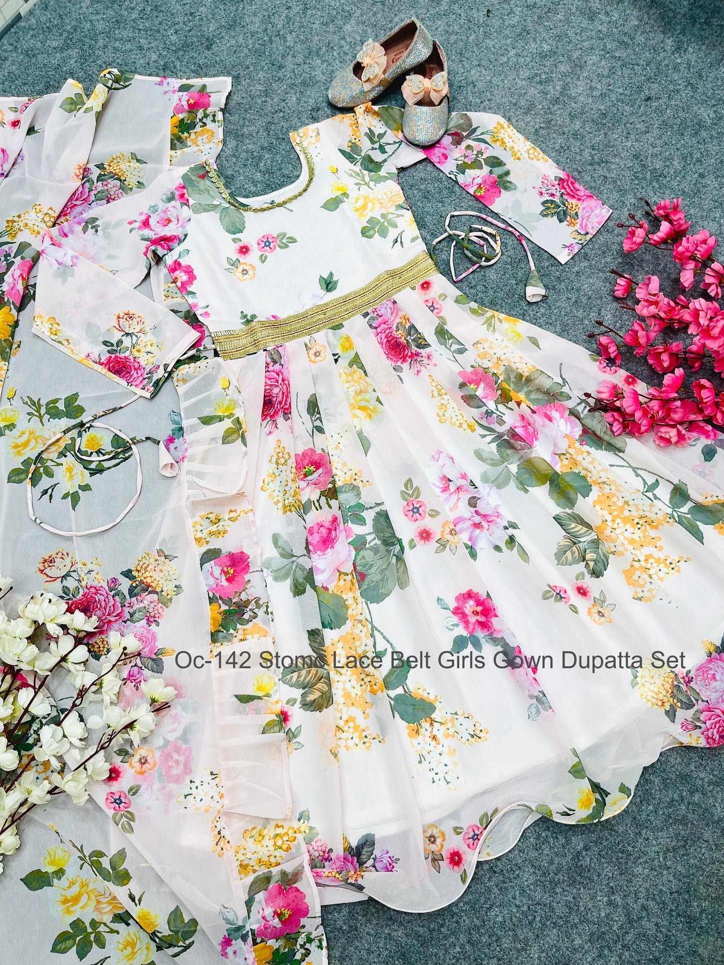 Oc-142 Stomc Lace Belt Girls Gown Dupatta Set