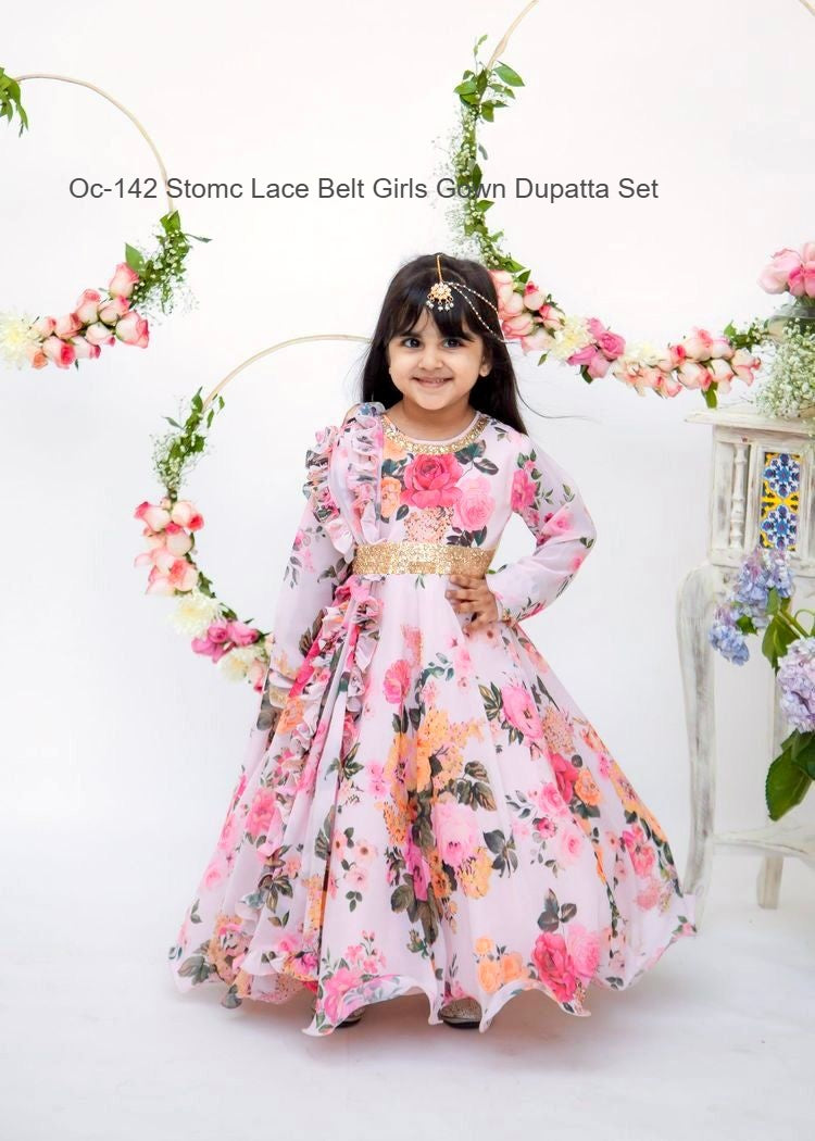 Oc-142 Stomc Lace Belt Girls Gown Dupatta Set