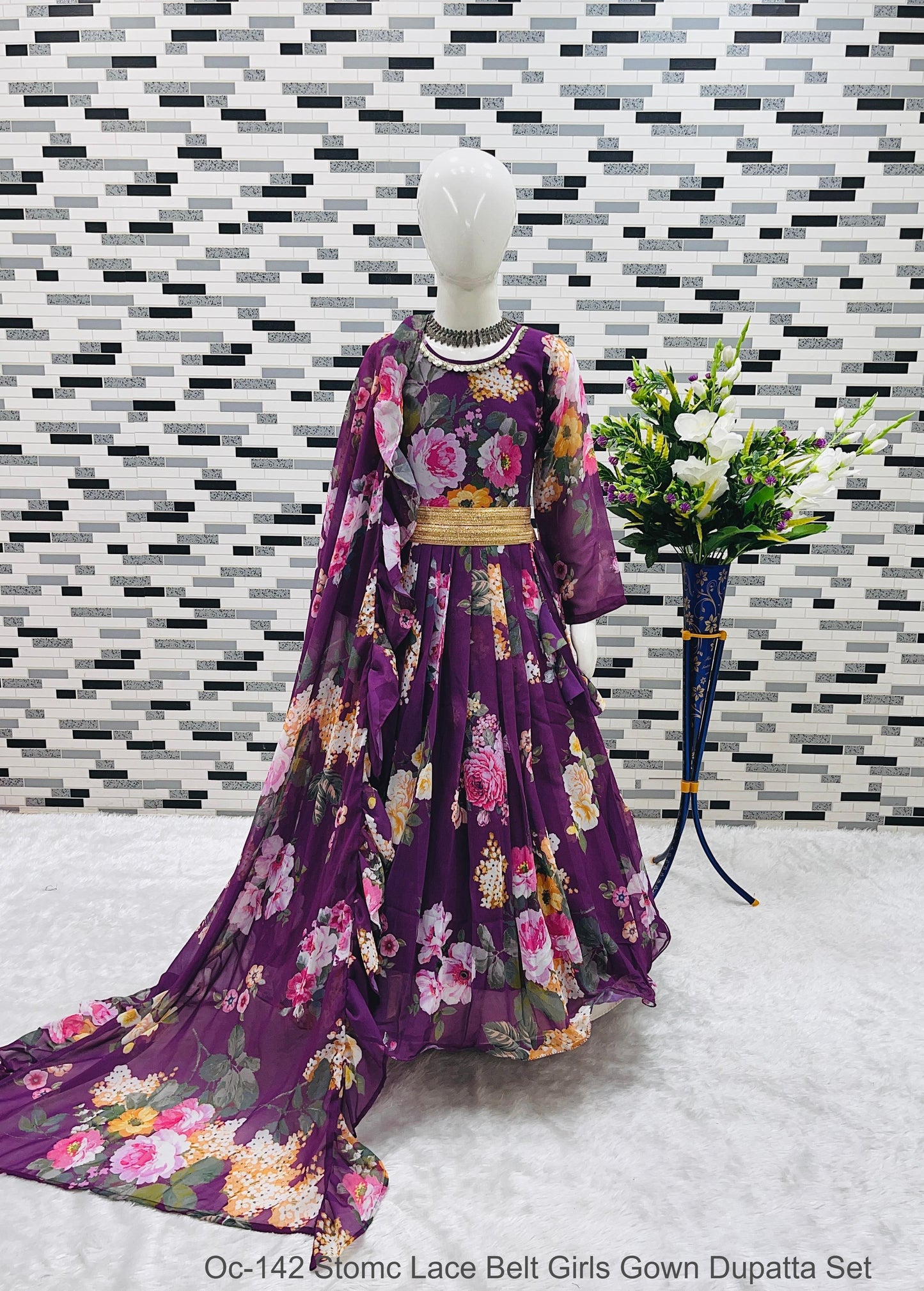 Oc-142 Stomc Lace Belt Girls Gown Dupatta Set