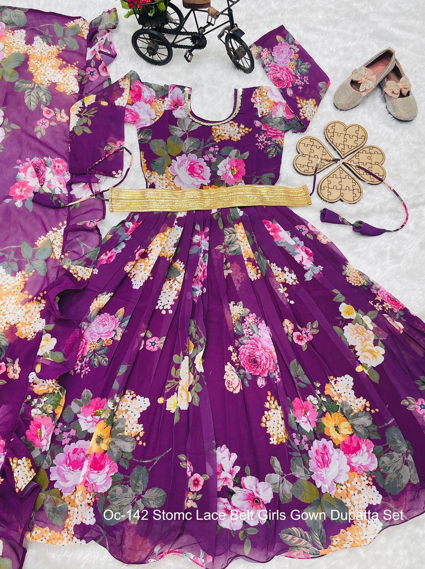 Oc-142 Stomc Lace Belt Girls Gown Dupatta Set