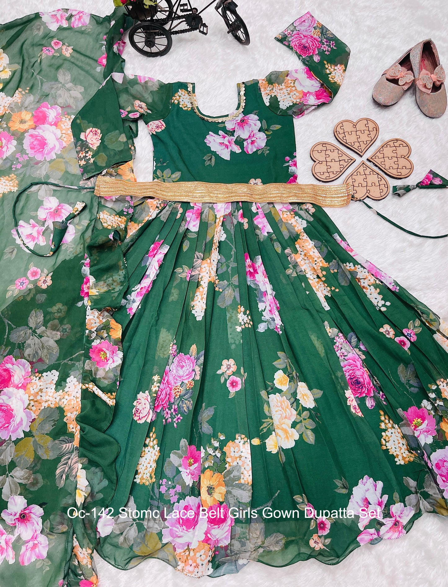 Oc-142 Stomc Lace Belt Girls Gown Dupatta Set