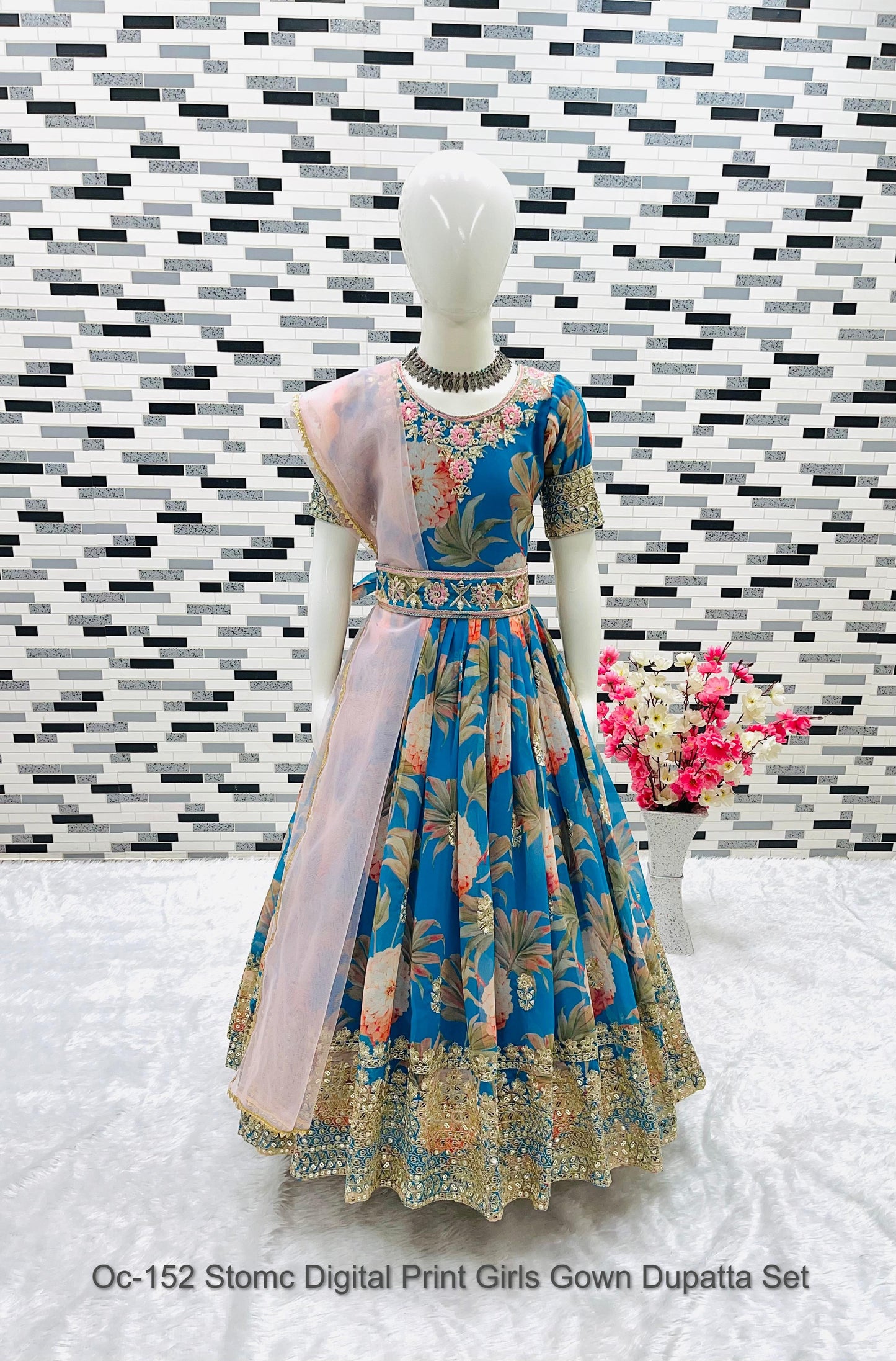 Oc-152 Stomc Digital Print Girls Gown Dupatta Set