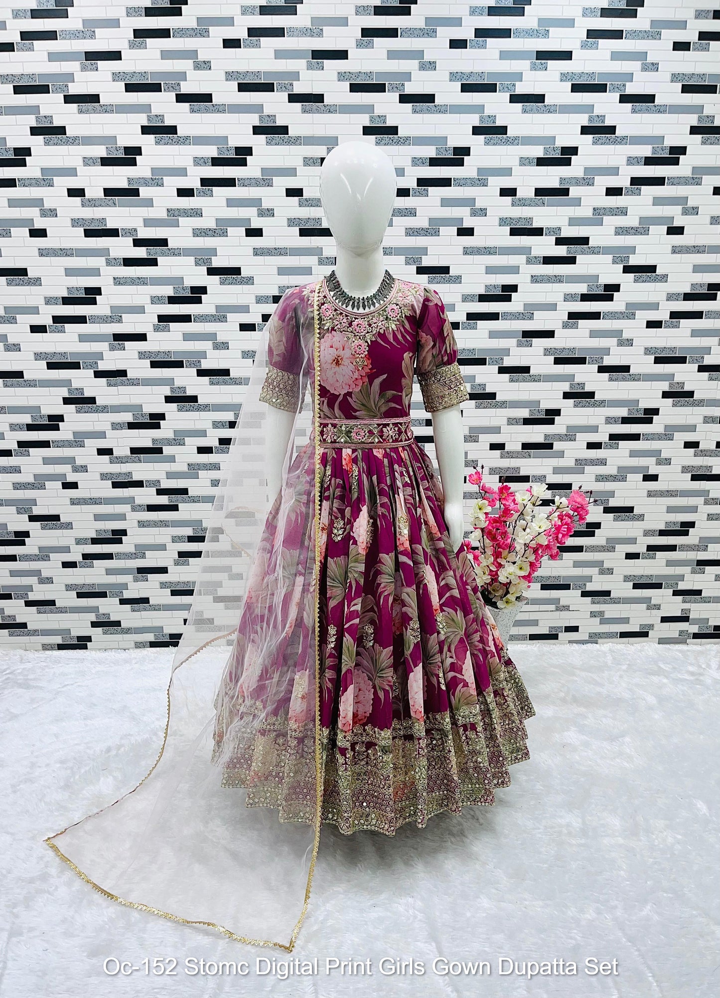 Oc-152 Stomc Digital Print Girls Gown Dupatta Set