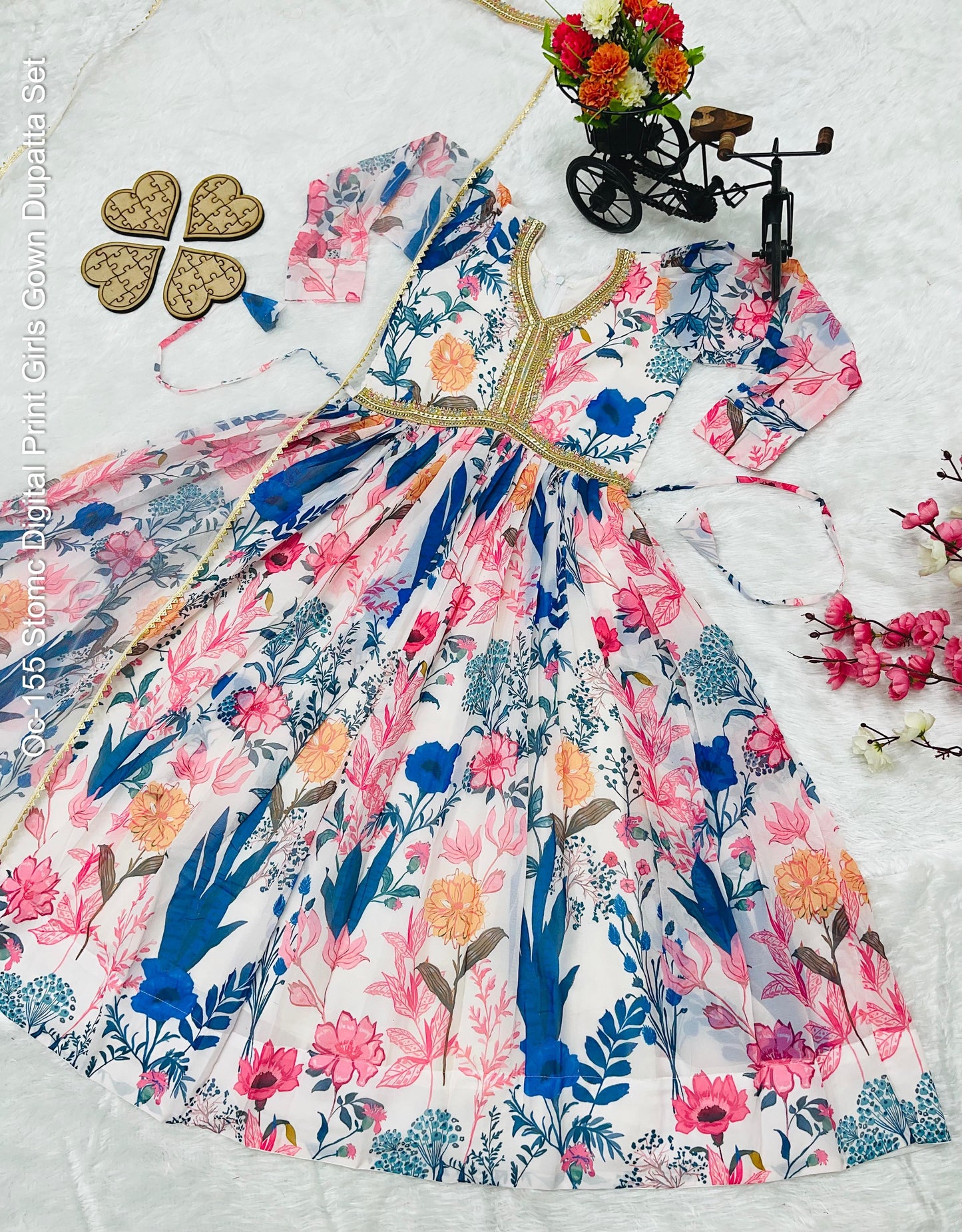 Oc-155 Stomc Digital Print Girls Gown Dupatta Set