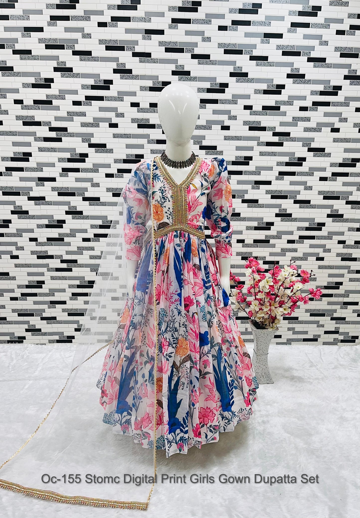Oc-155 Stomc Digital Print Girls Gown Dupatta Set