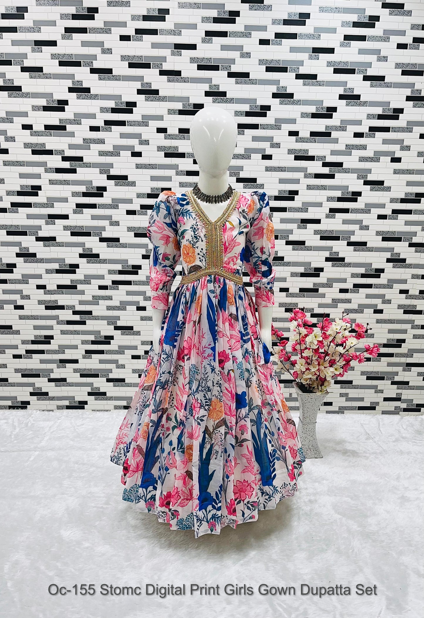 Oc-155 Stomc Digital Print Girls Gown Dupatta Set