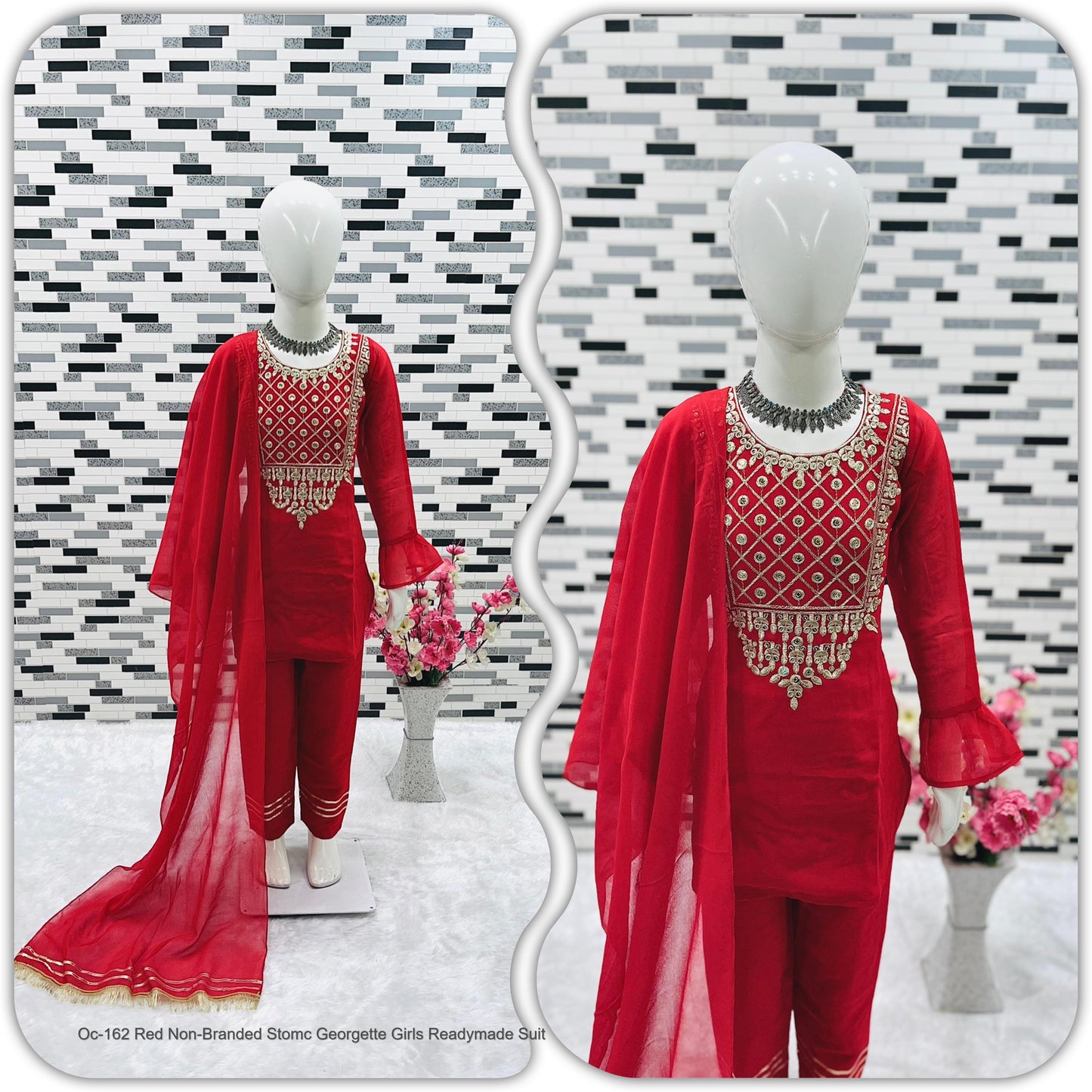 Oc-162 Red Non-Branded Stomc Georgette Girls Readymade Suit