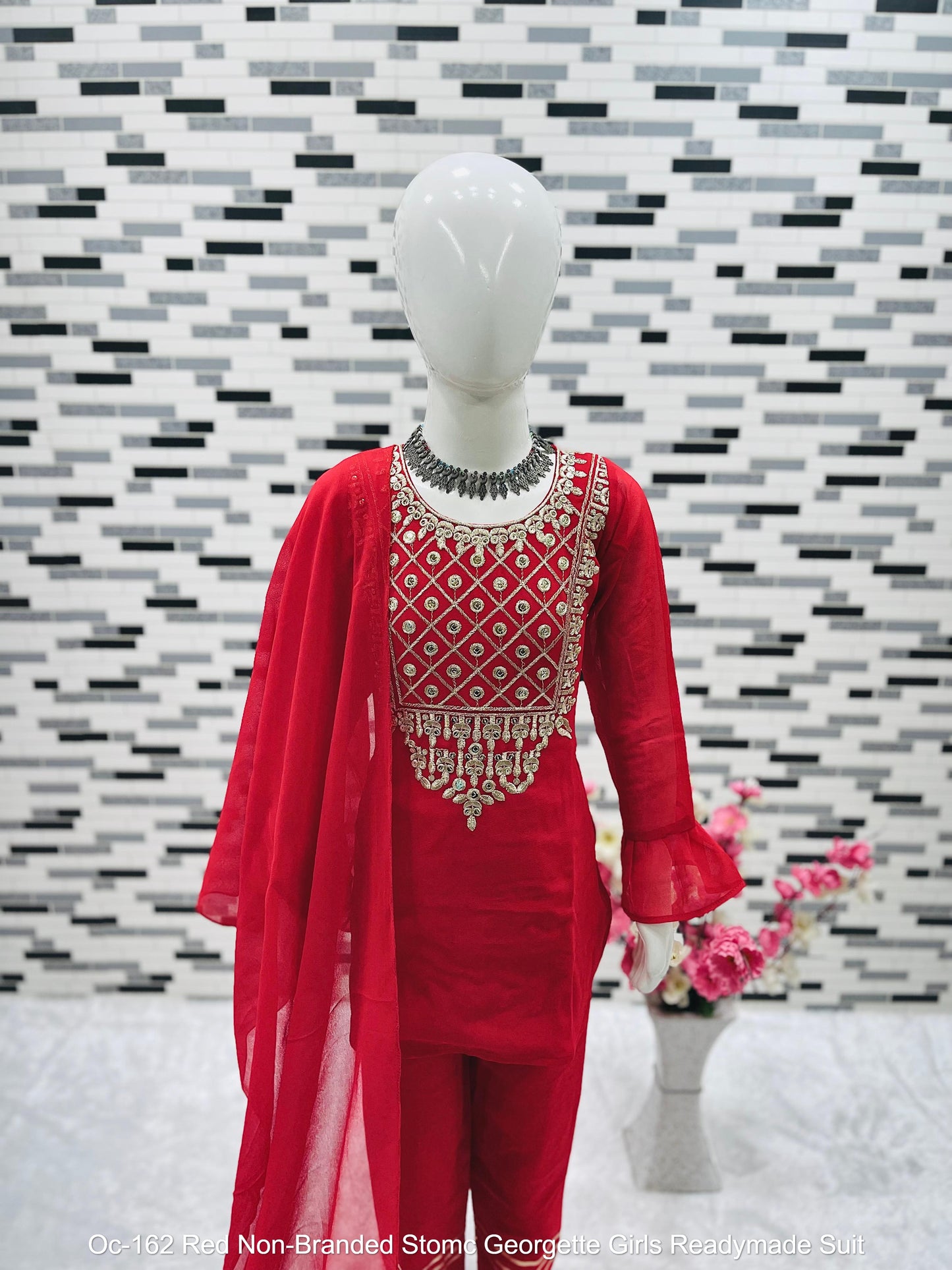 Oc-162 Red Non-Branded Stomc Georgette Girls Readymade Suit