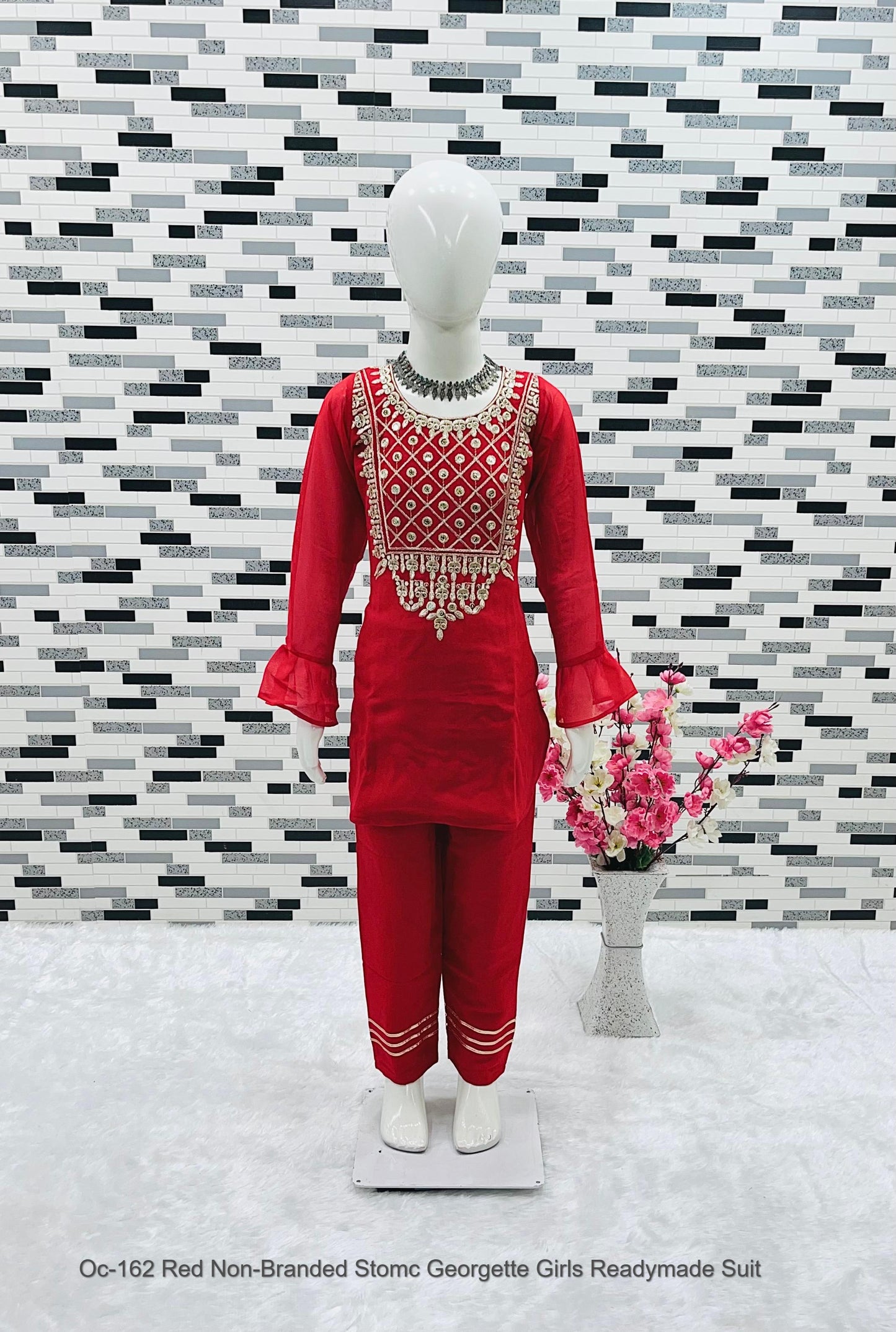 Oc-162 Red Non-Branded Stomc Georgette Girls Readymade Suit