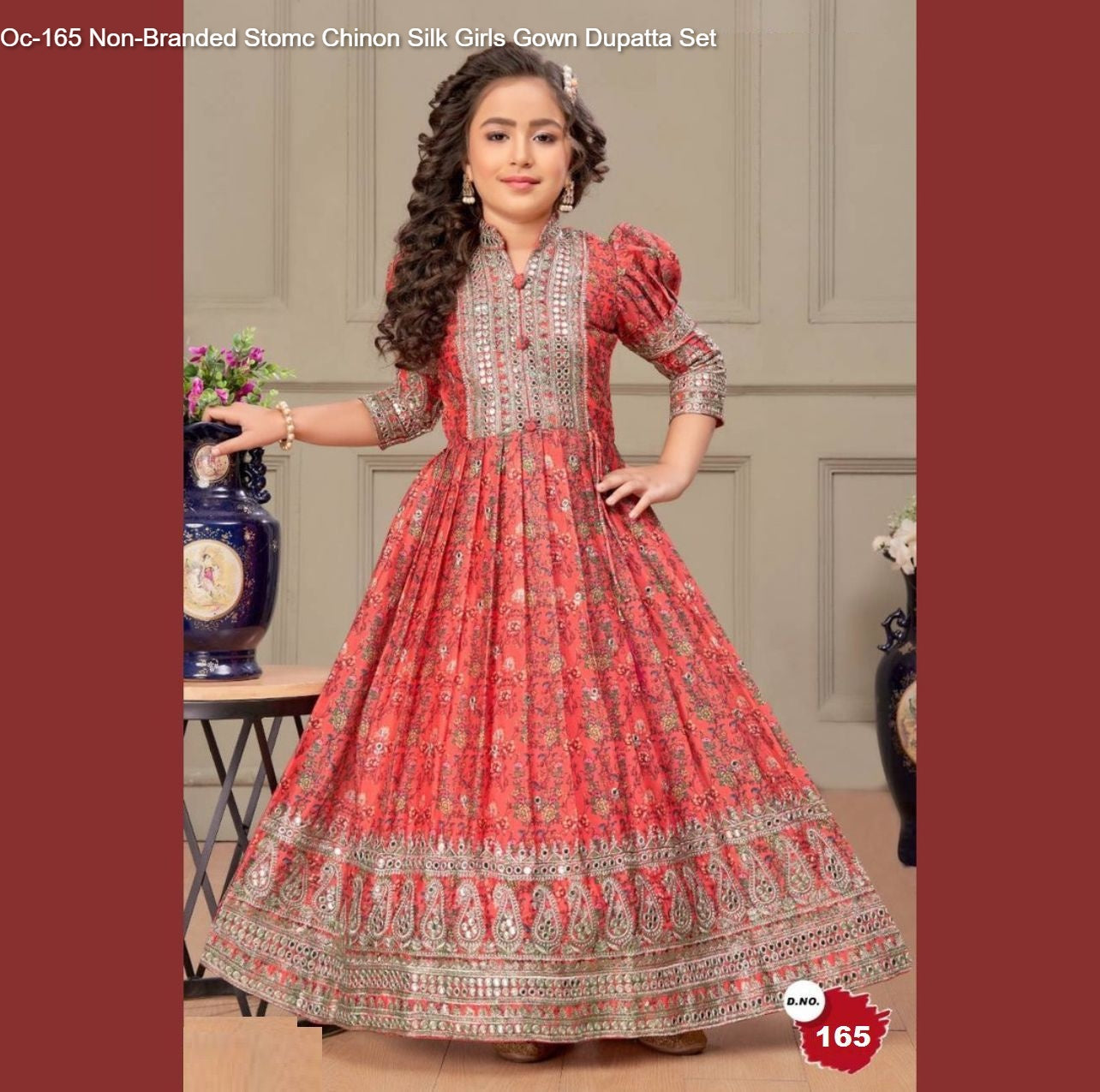 Oc-165 Non-Branded Stomc Chinon Silk Girls Gown Dupatta Set