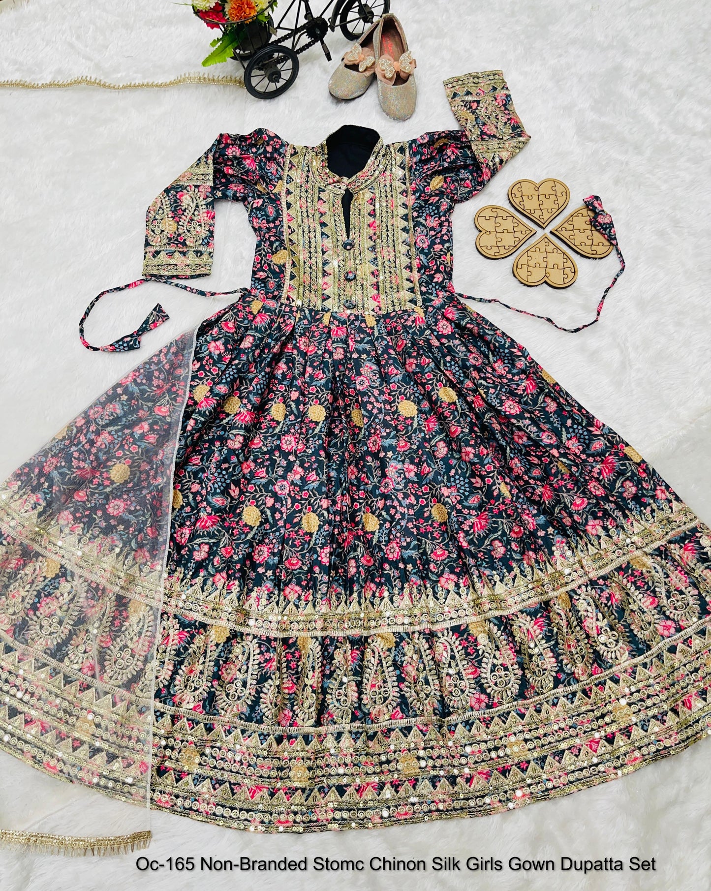 Oc-165 Non-Branded Stomc Chinon Silk Girls Gown Dupatta Set