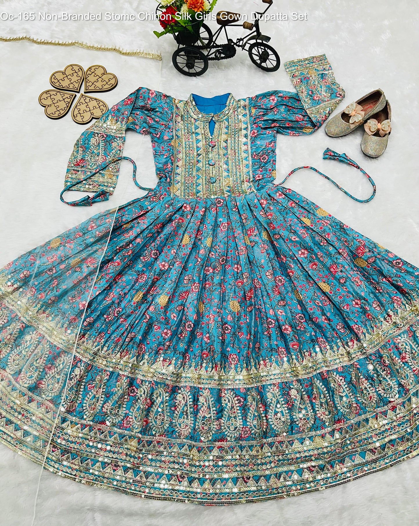 Oc-165 Non-Branded Stomc Chinon Silk Girls Gown Dupatta Set