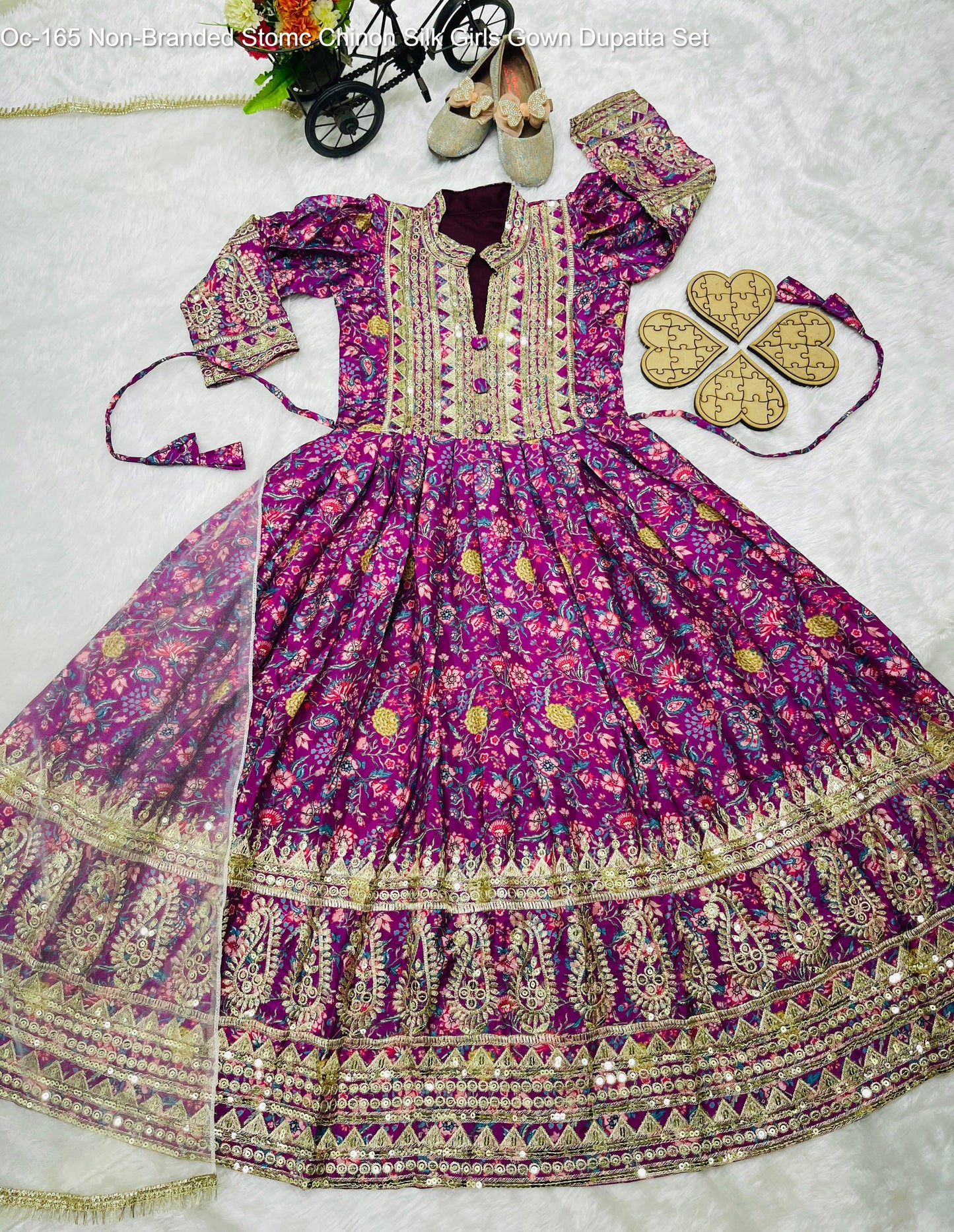 Oc-165 Non-Branded Stomc Chinon Silk Girls Gown Dupatta Set