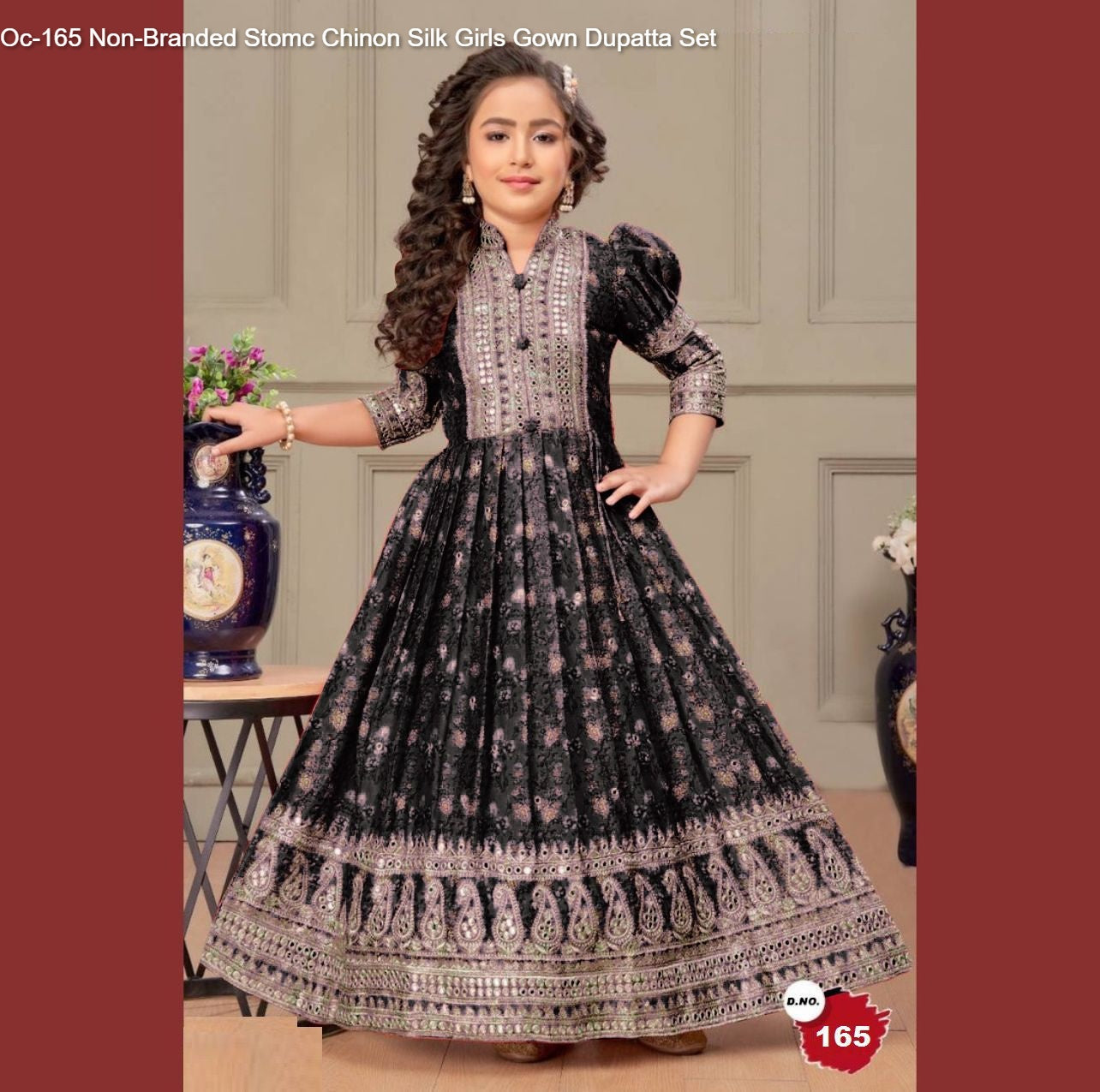 Oc-165 Non-Branded Stomc Chinon Silk Girls Gown Dupatta Set