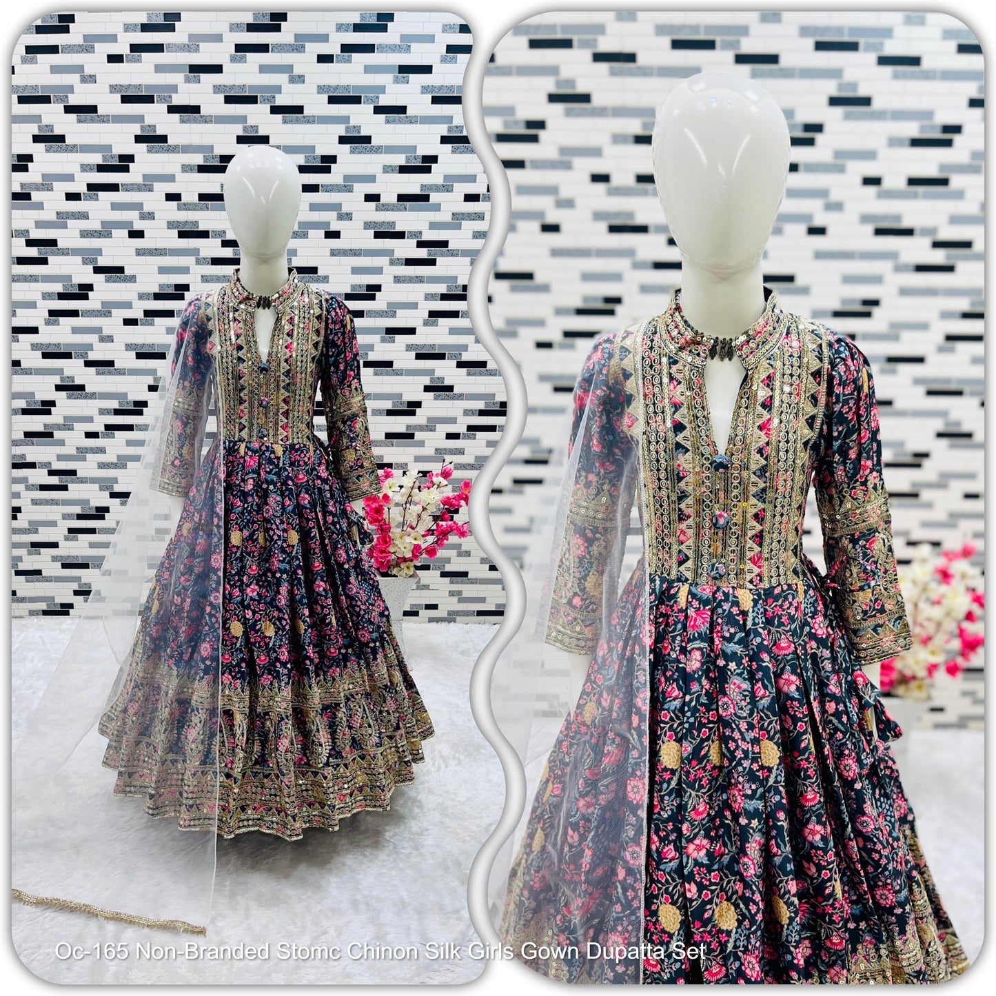 Oc-165 Non-Branded Stomc Chinon Silk Girls Gown Dupatta Set