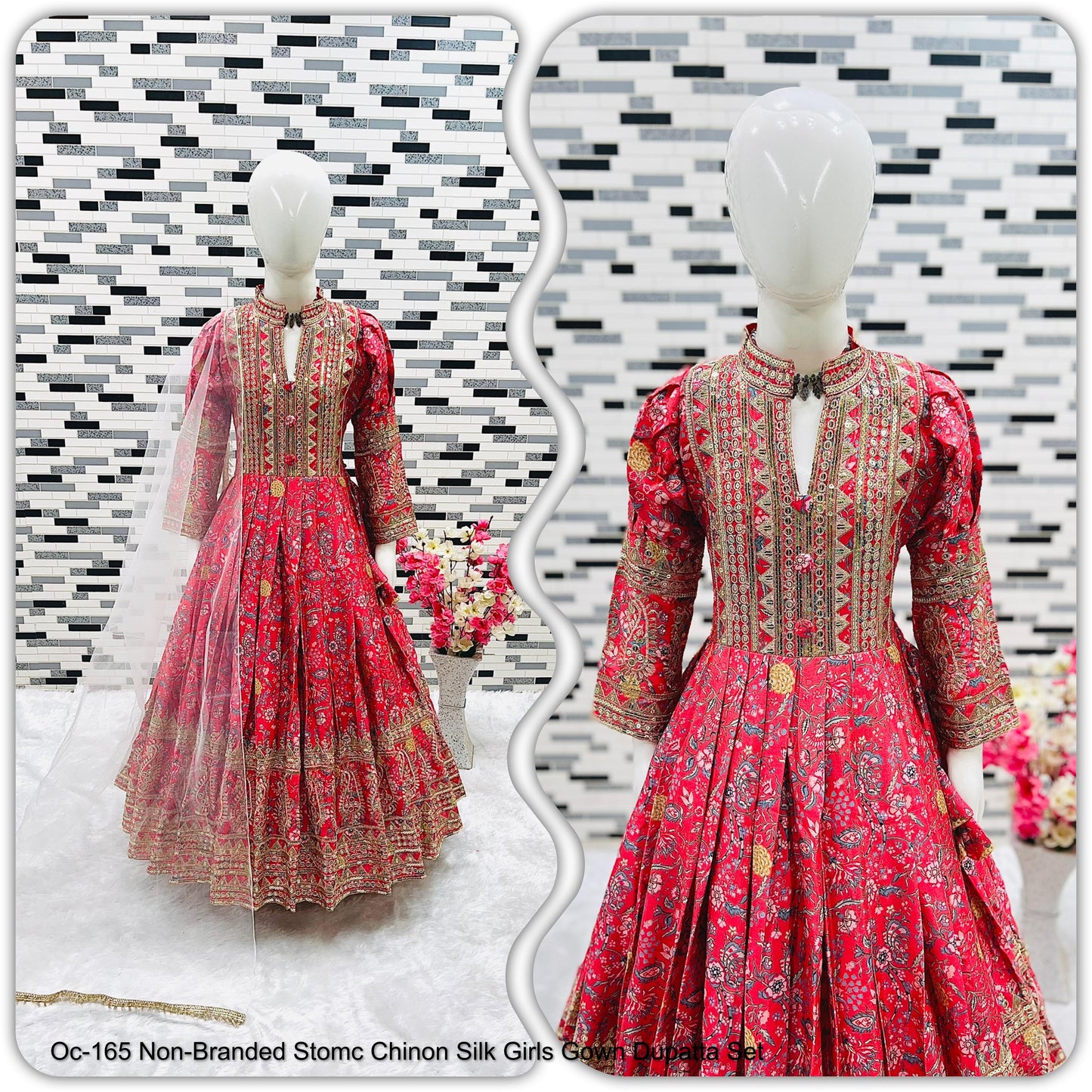 Oc-165 Non-Branded Stomc Chinon Silk Girls Gown Dupatta Set