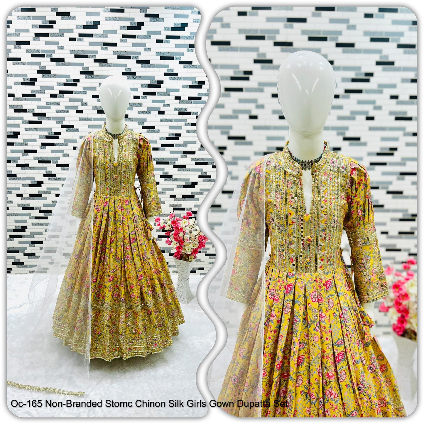 Oc-165 Non-Branded Stomc Chinon Silk Girls Gown Dupatta Set