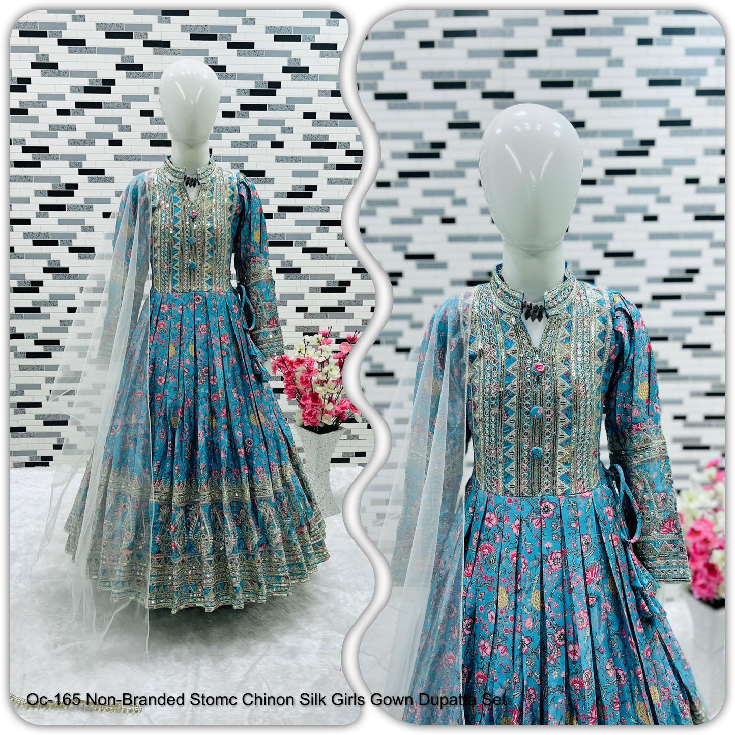 Oc-165 Non-Branded Stomc Chinon Silk Girls Gown Dupatta Set