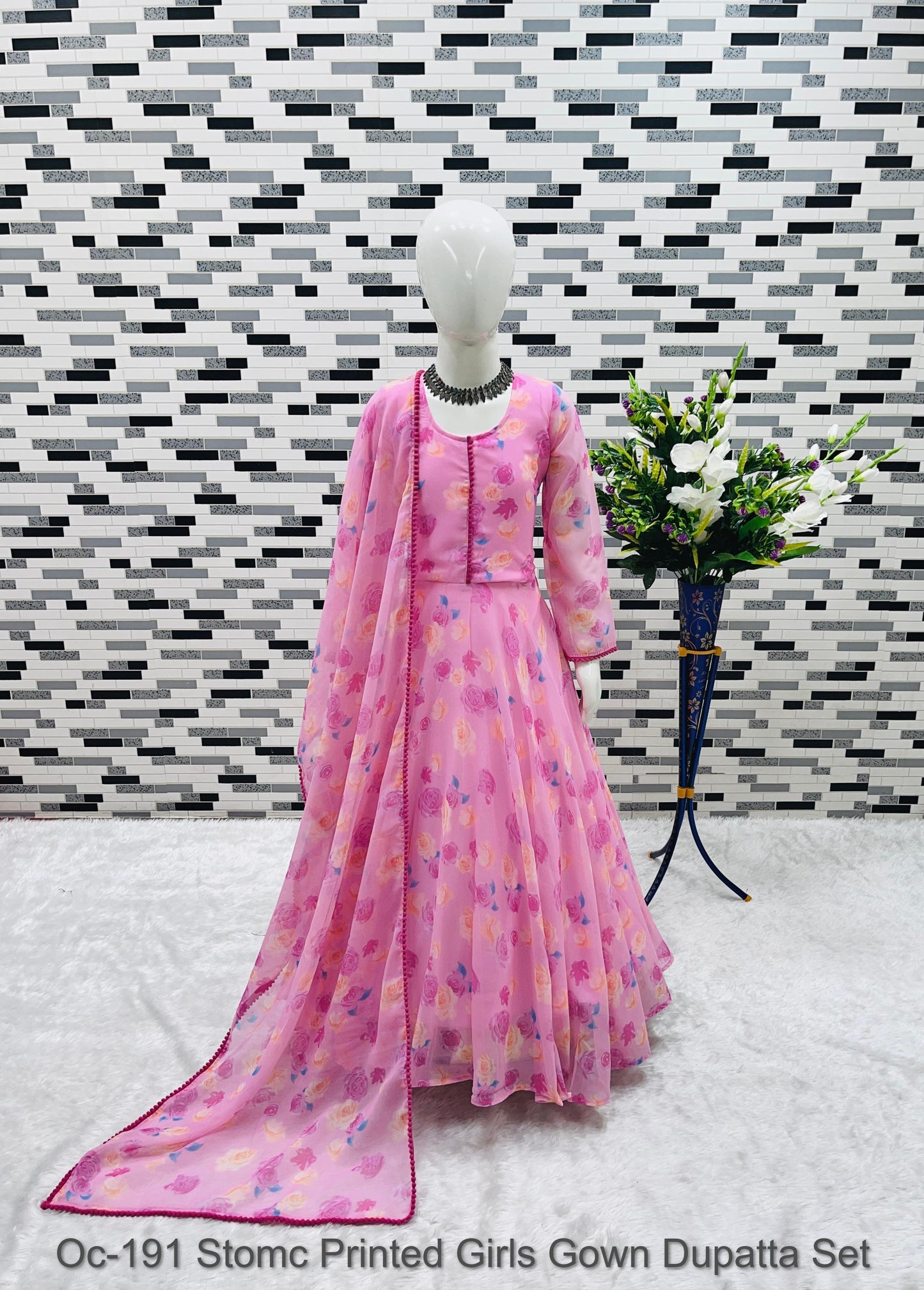Oc-191 Stomc Printed Girls Gown Dupatta Set