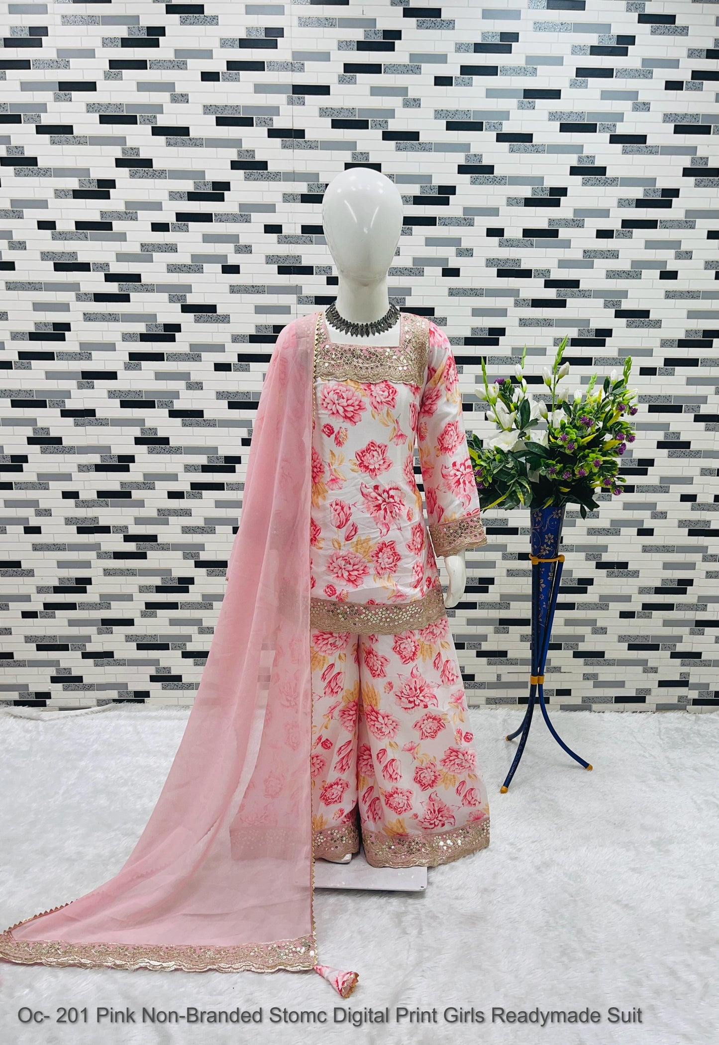 Oc- 201 Pink Non-Branded Stomc Digital Print Girls Readymade Suit