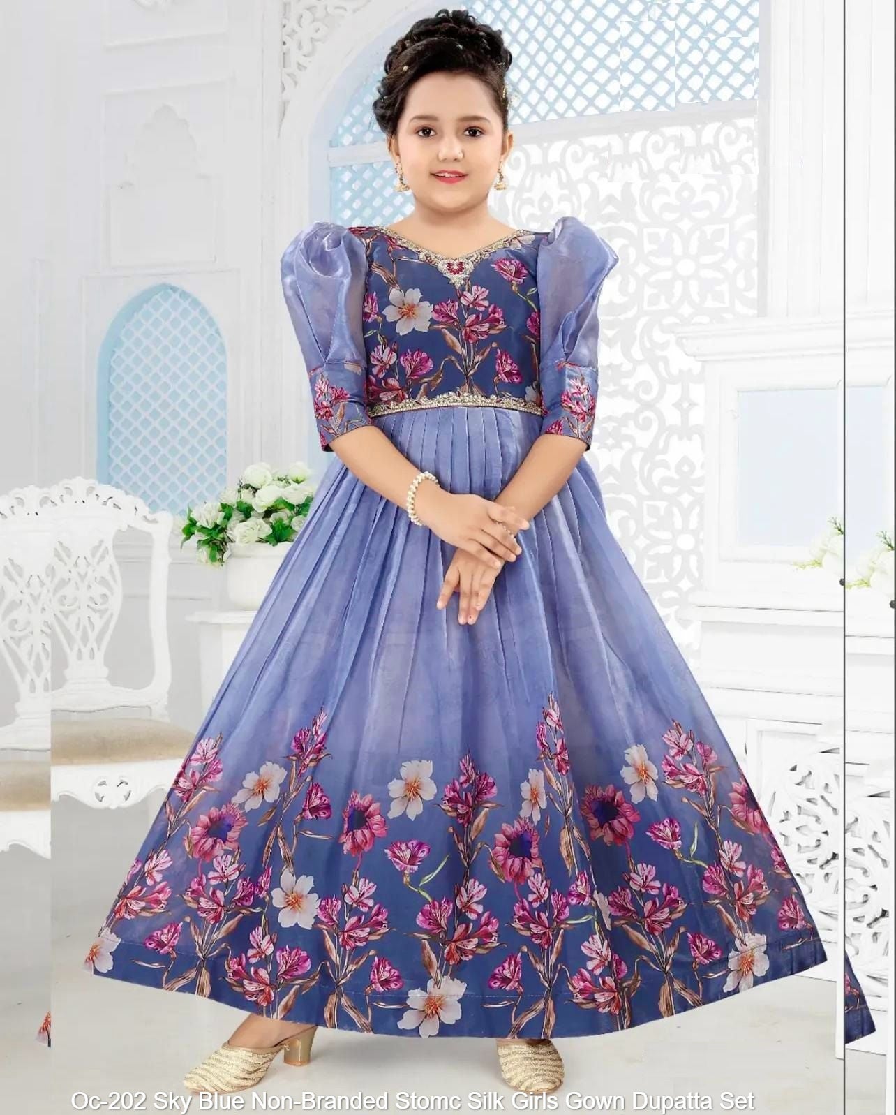 Oc-202 Sky Blue Non-Branded Stomc Silk Girls Gown Dupatta Set
