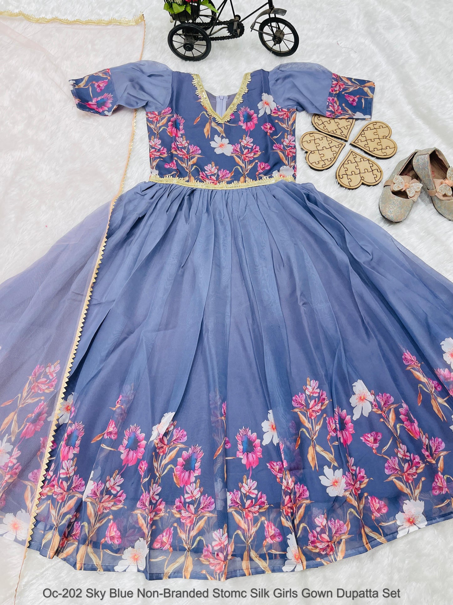 Oc-202 Sky Blue Non-Branded Stomc Silk Girls Gown Dupatta Set