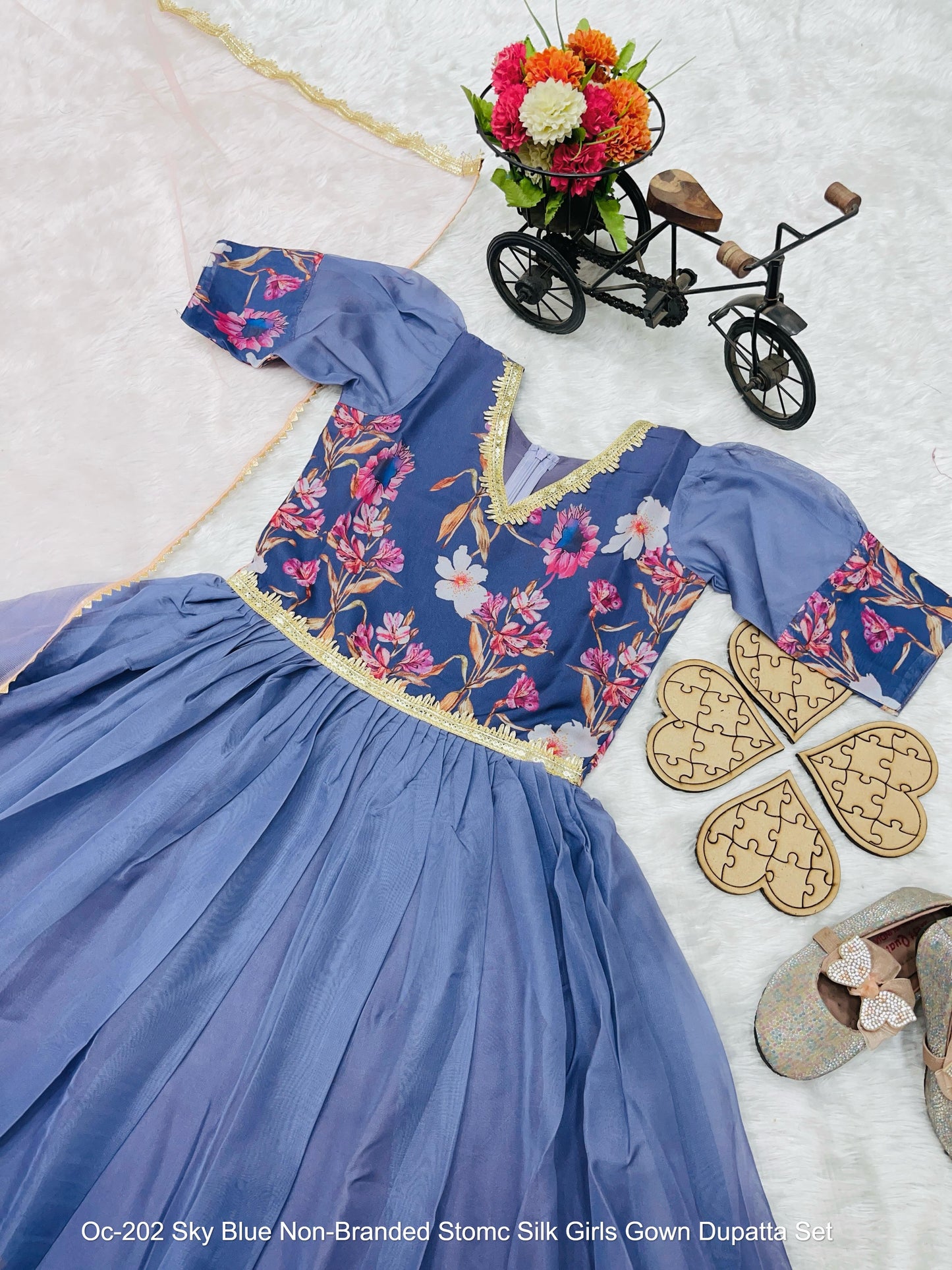 Oc-202 Sky Blue Non-Branded Stomc Silk Girls Gown Dupatta Set