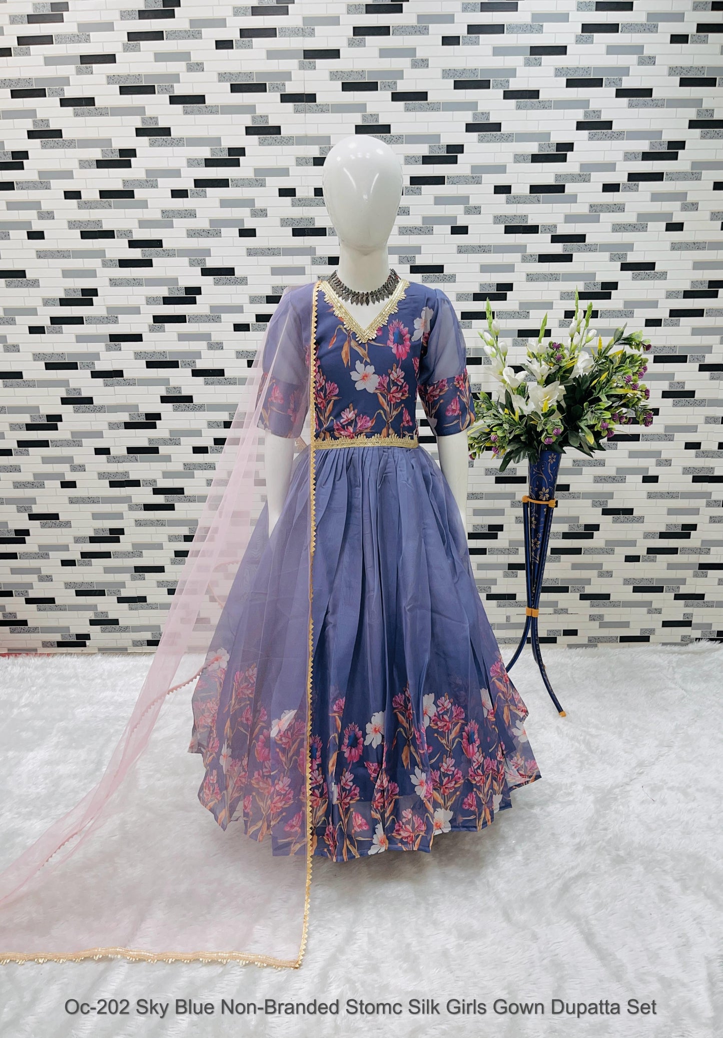 Oc-202 Sky Blue Non-Branded Stomc Silk Girls Gown Dupatta Set