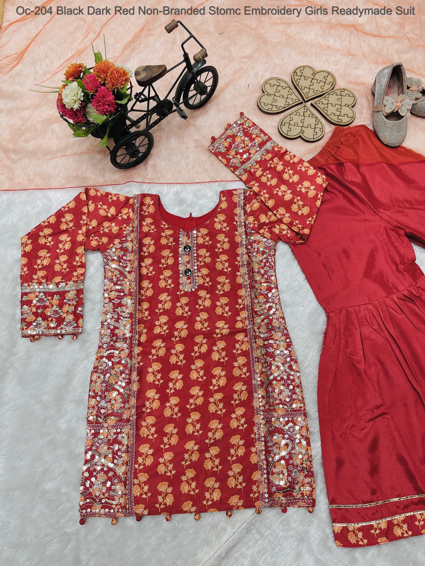 Oc- 204 Black Dark, Red Non-Branded Stomc Embroidery Girls Readymade Suit