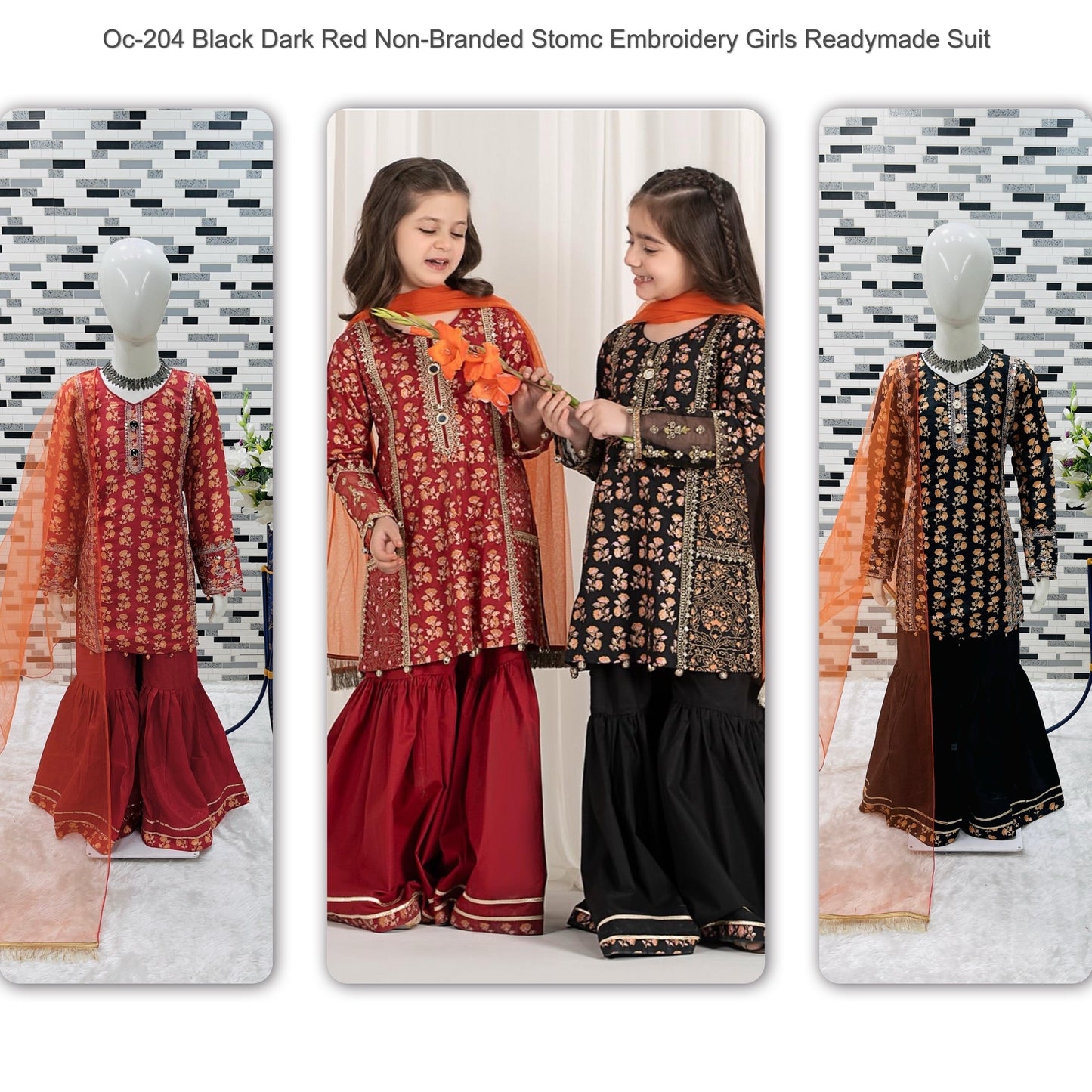 Oc- 204 Black Dark, Red Non-Branded Stomc Embroidery Girls Readymade Suit